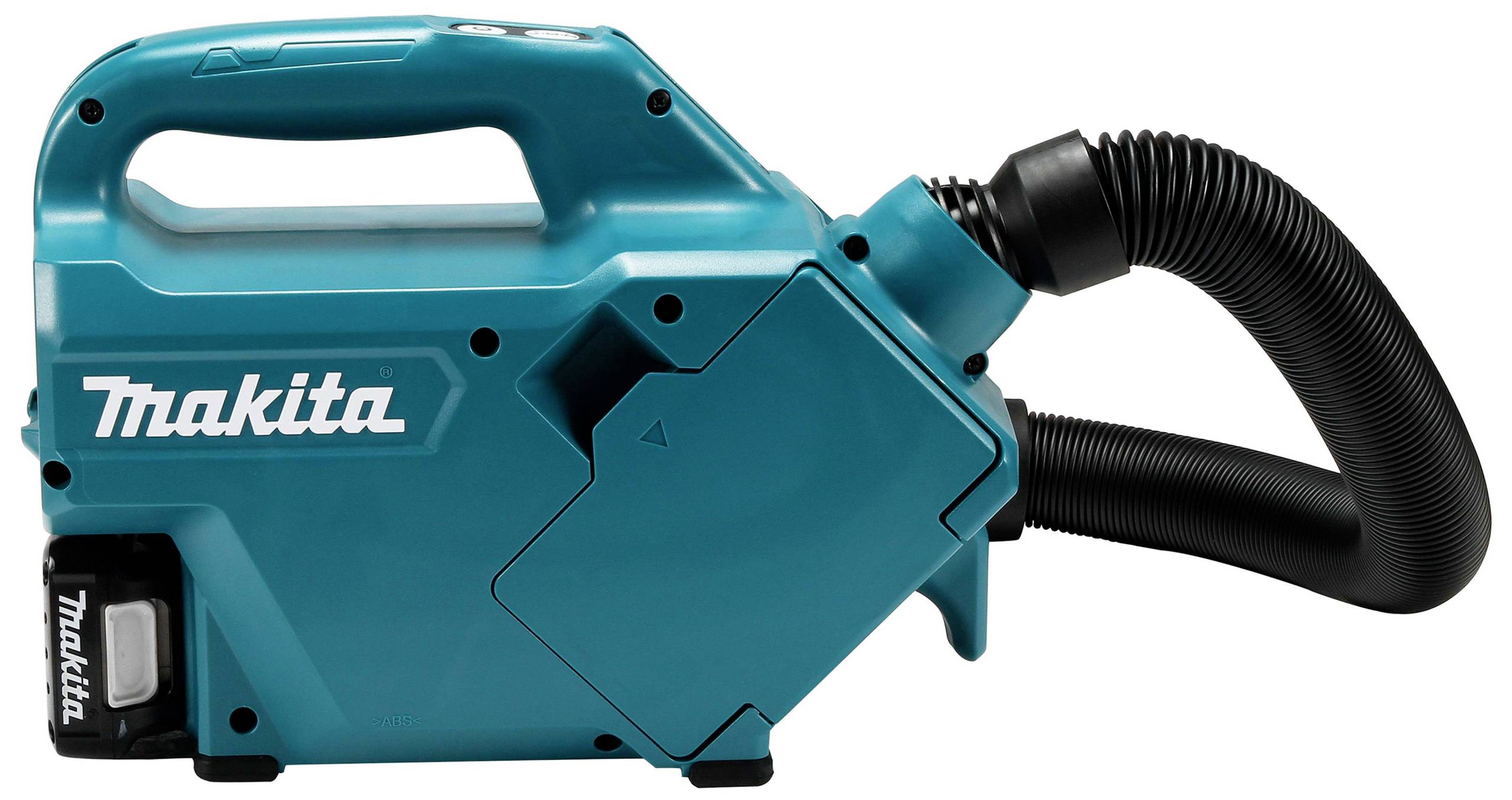 Un aspirateur bleu vu de côté, doté d'un tuyau flexible et portant le nom de la marque visiblement imprimé.