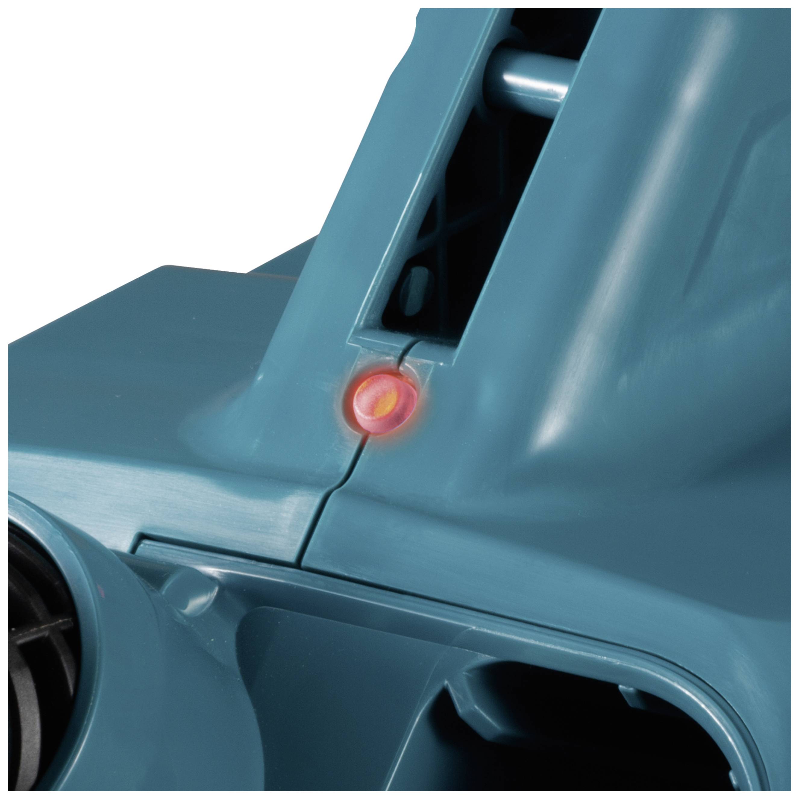 Une lumière rouge sur un appareil électrique bleu s'allume. Cette lumière signale l'état de fonctionnement de l'appareil.