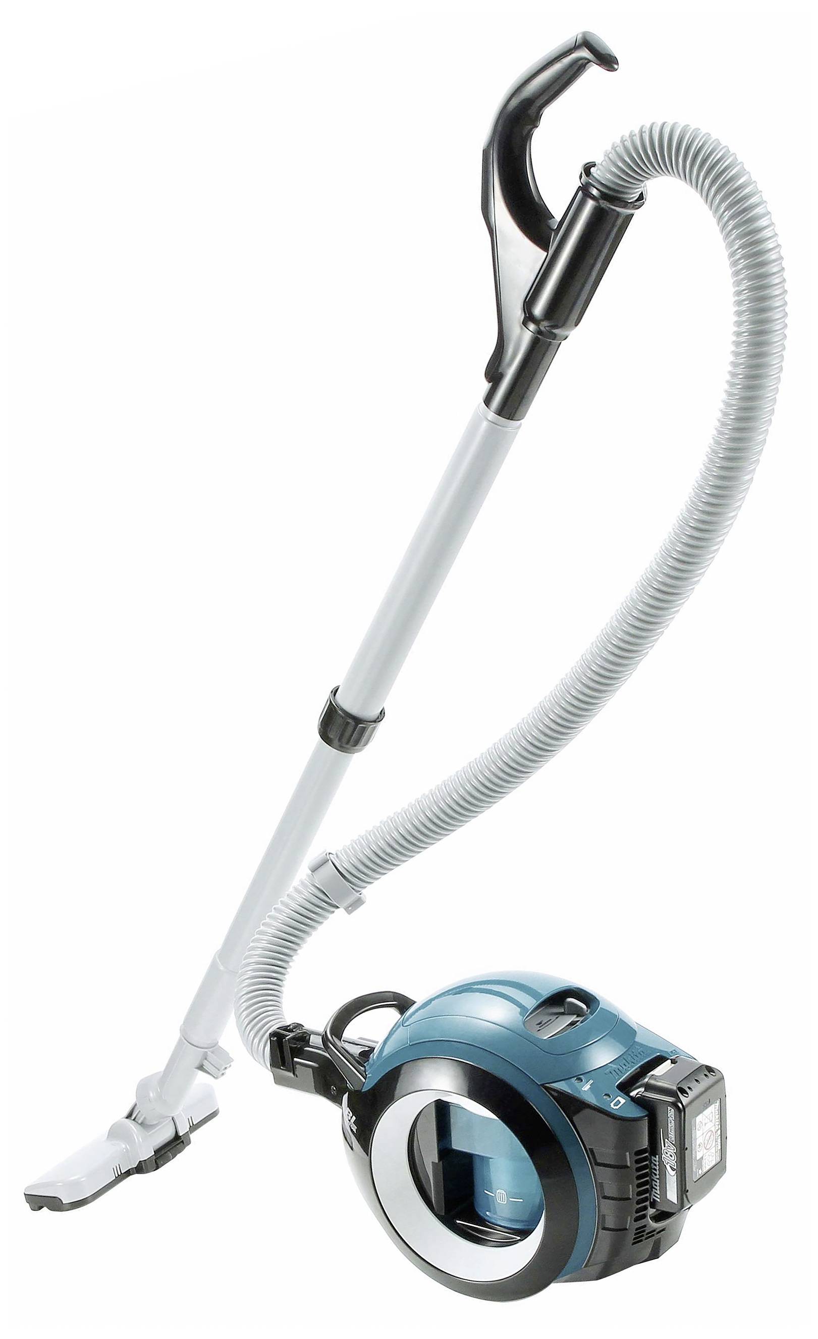 Un aspirateur portable bleu avec un tuyau flexible et une poignée, adapté à différents types de surfaces et facile à transporter.