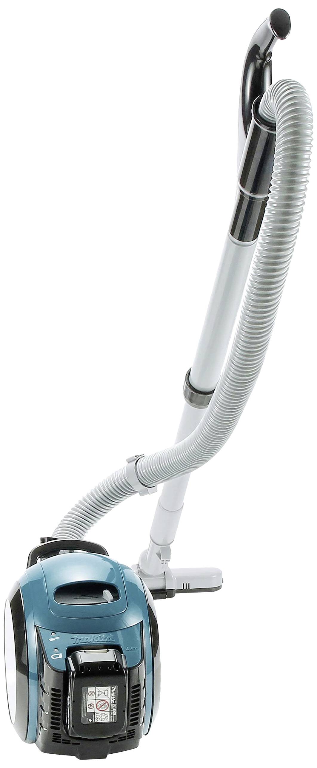 Un aspirateur bleu doté d'un tuyau flexible et d'un tube d'aspiration argenté, adapté au nettoyage des sols et des tapis.