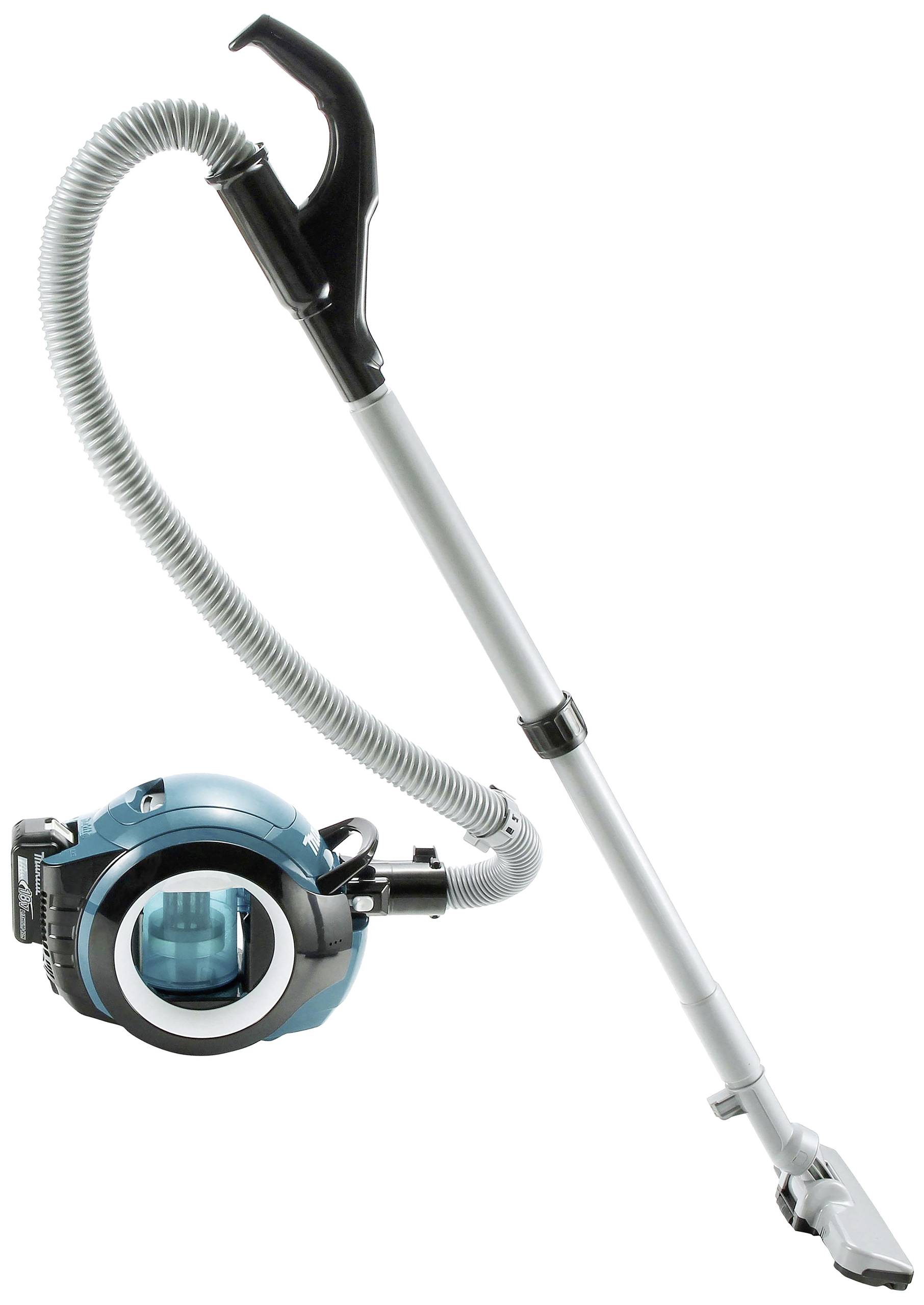 Un aspirateur bleu avec un tuyau et une lance d'aspiration est posé sur un fond blanc.