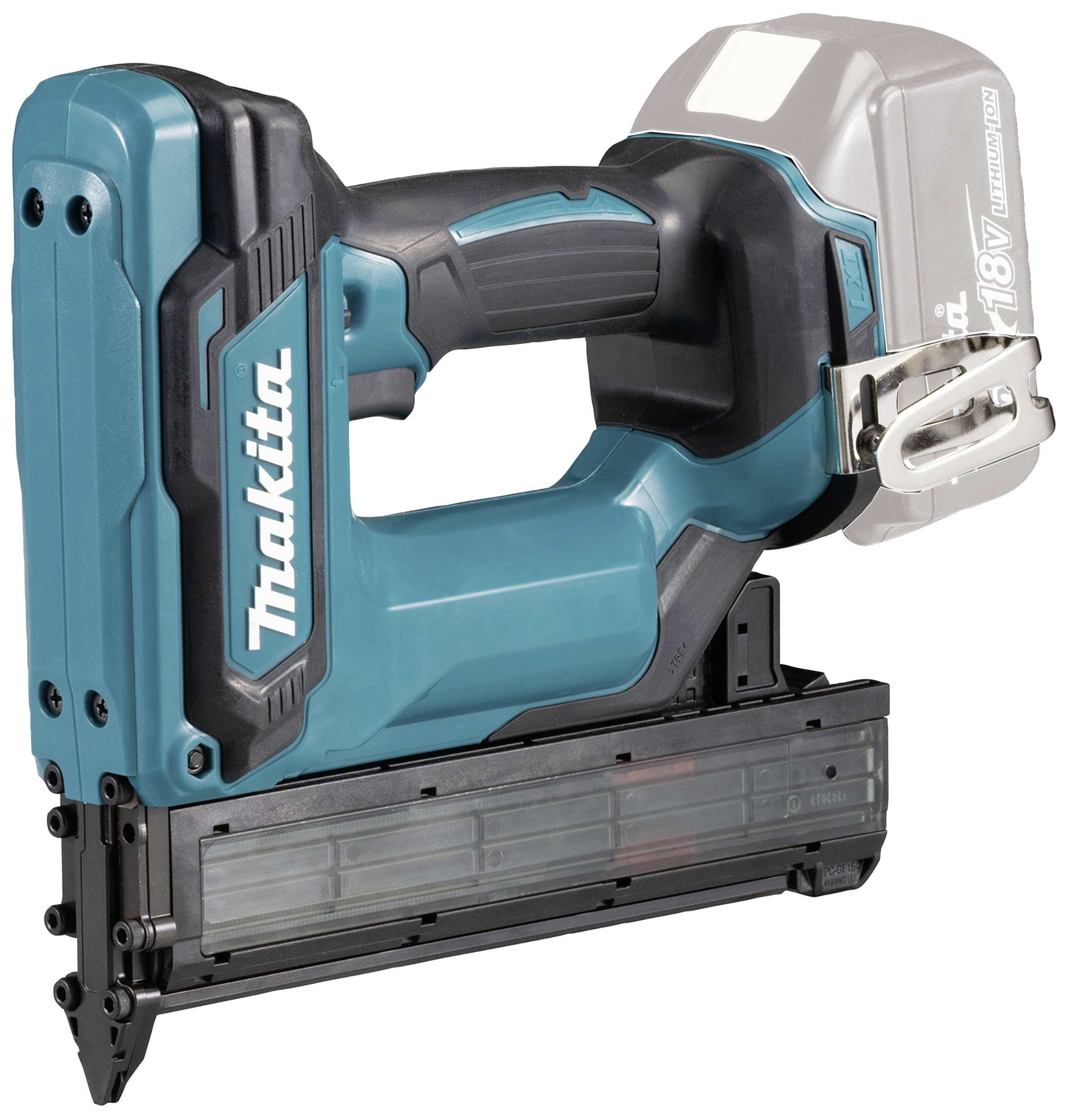 Un cloueur sans fil bleu Makita, 18V, sans batterie ni clous, adapté aux travaux de construction et aux projets de bricolage.