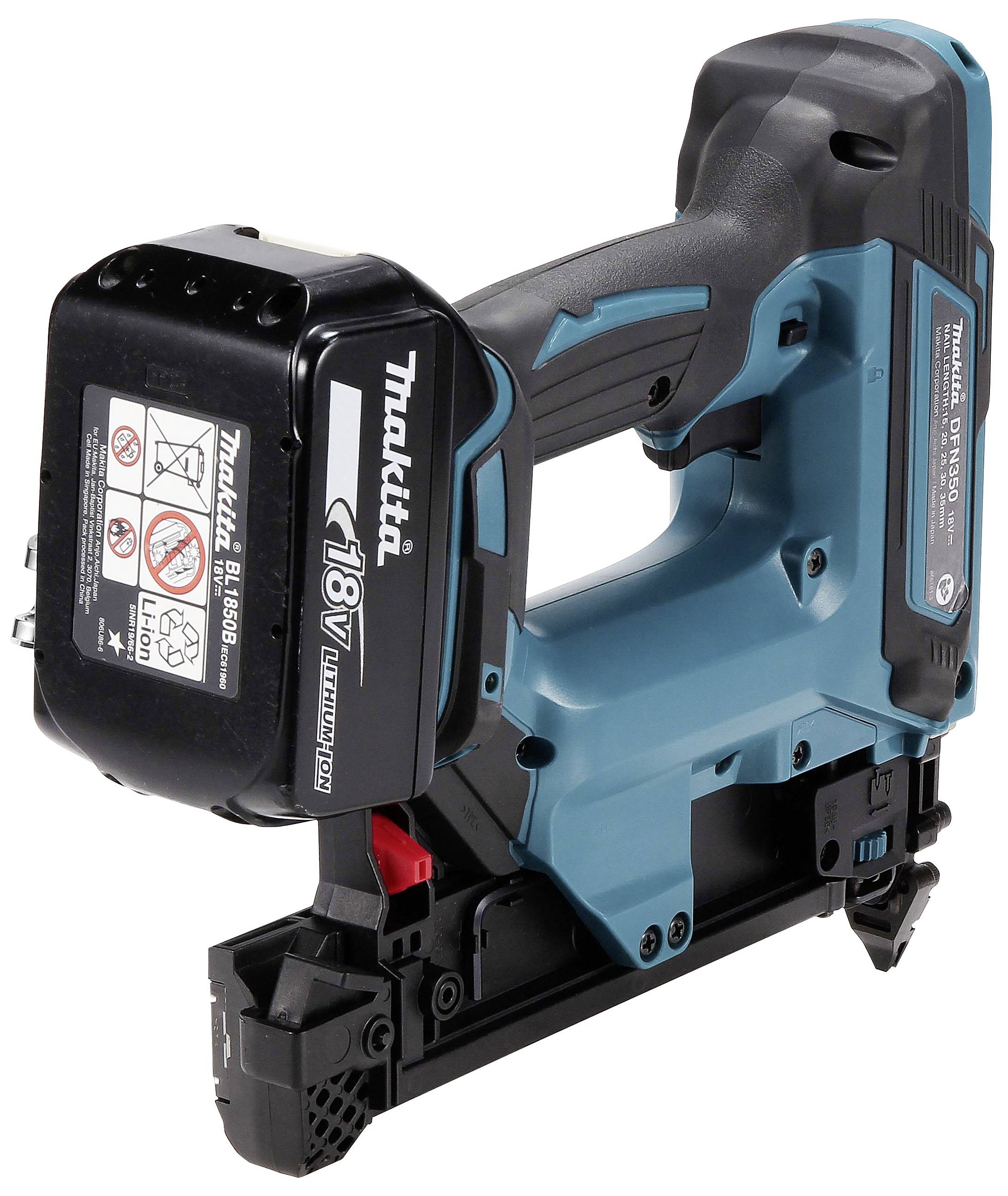 Un cloueur sans fil bleu et noir de Makita avec batterie lithium-ion 18V, adapté aux projets de construction et de bricolage.