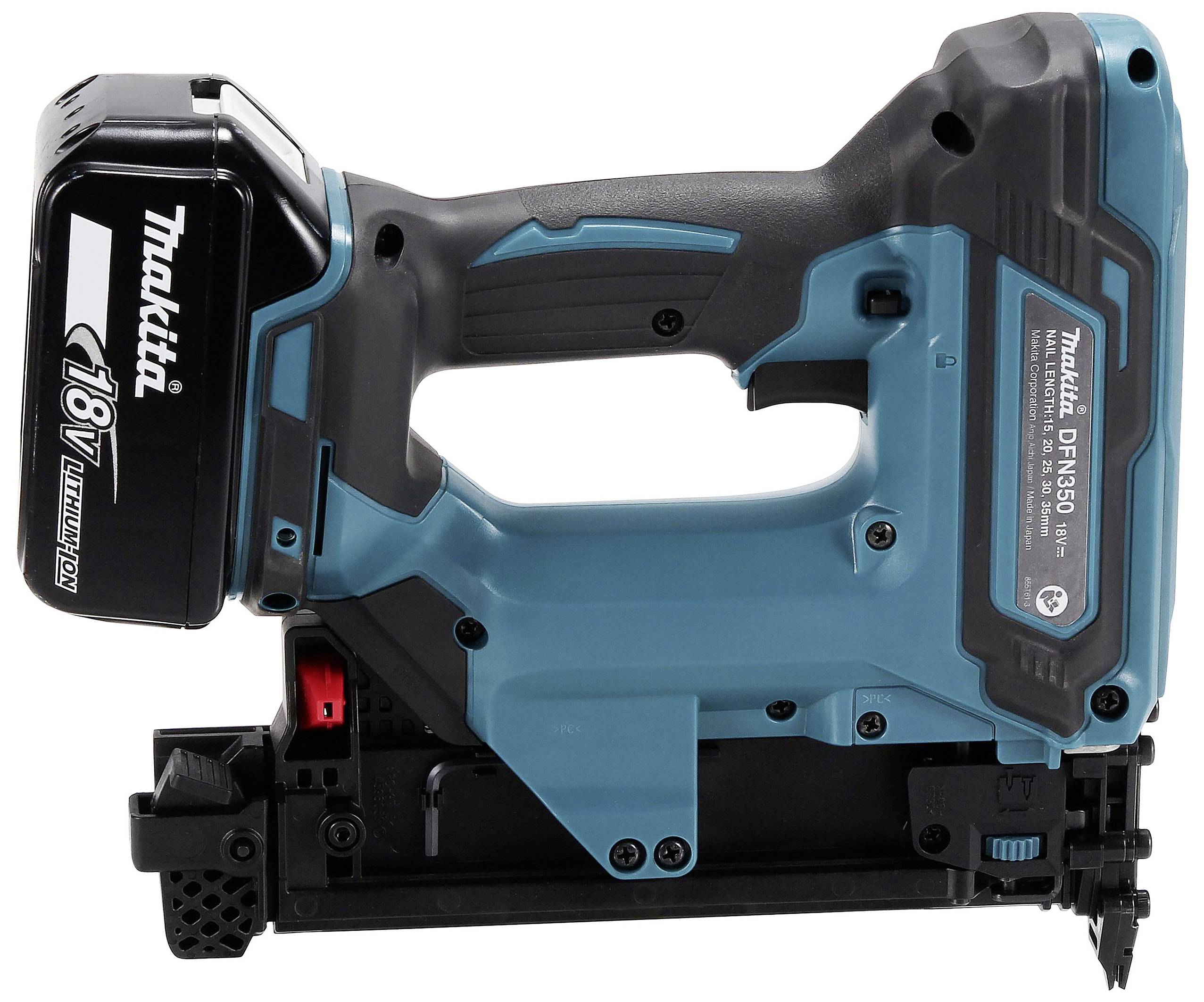 Cloueur sans fil bleu avec manche noir et batterie lithium-ion 18V, adapté aux travaux sur bois.