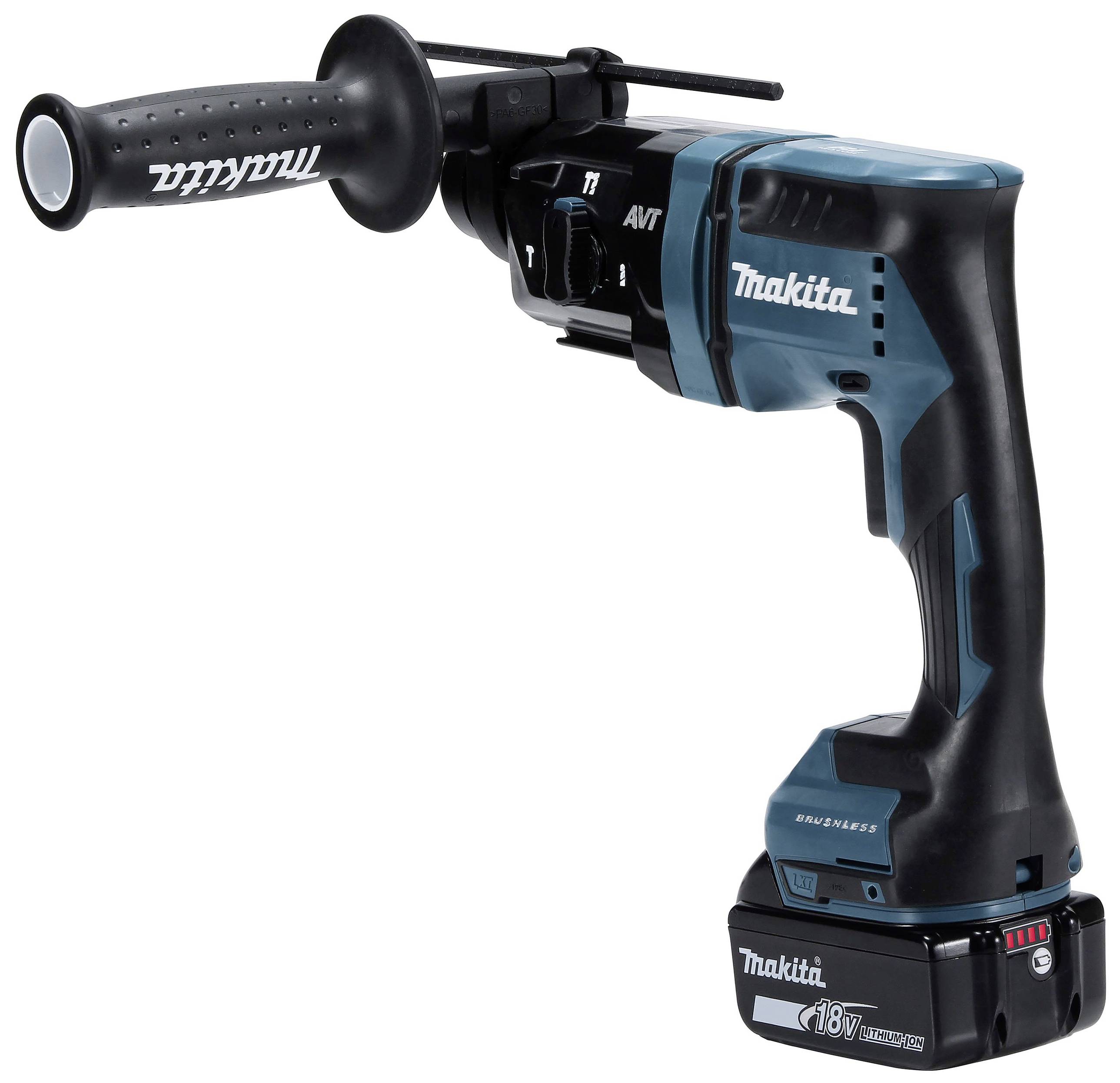 Marteau perforateur sur batterie avec poignée latérale, compatible avec batteries 18V. Idéal pour le perçage intensif et les travaux de construction.