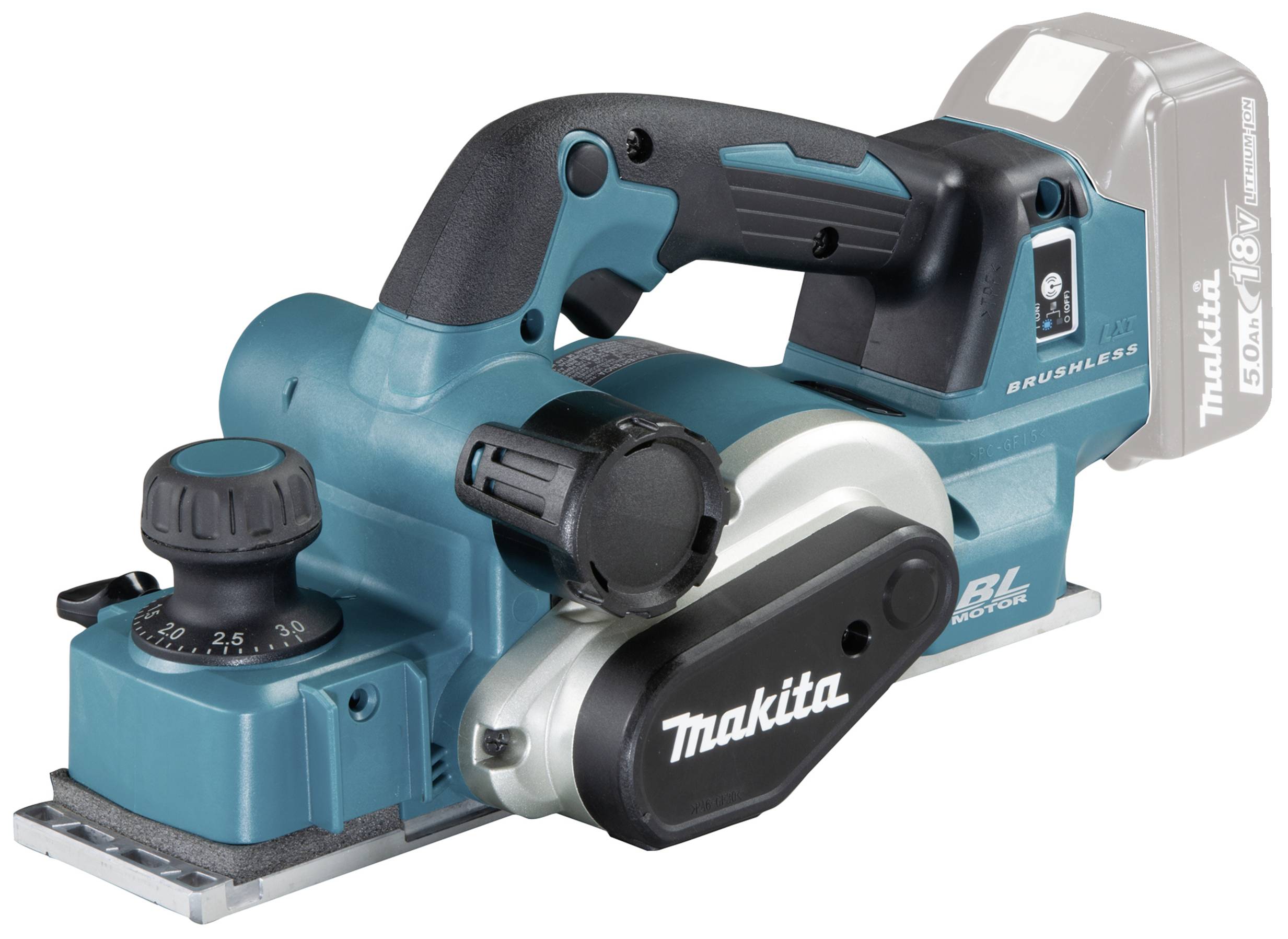 Un rabot sans fil Makita bleu avec une poignée ergonomique et une profondeur de coupe réglable. Appareil adapté pour l'usinage précis du bois.
