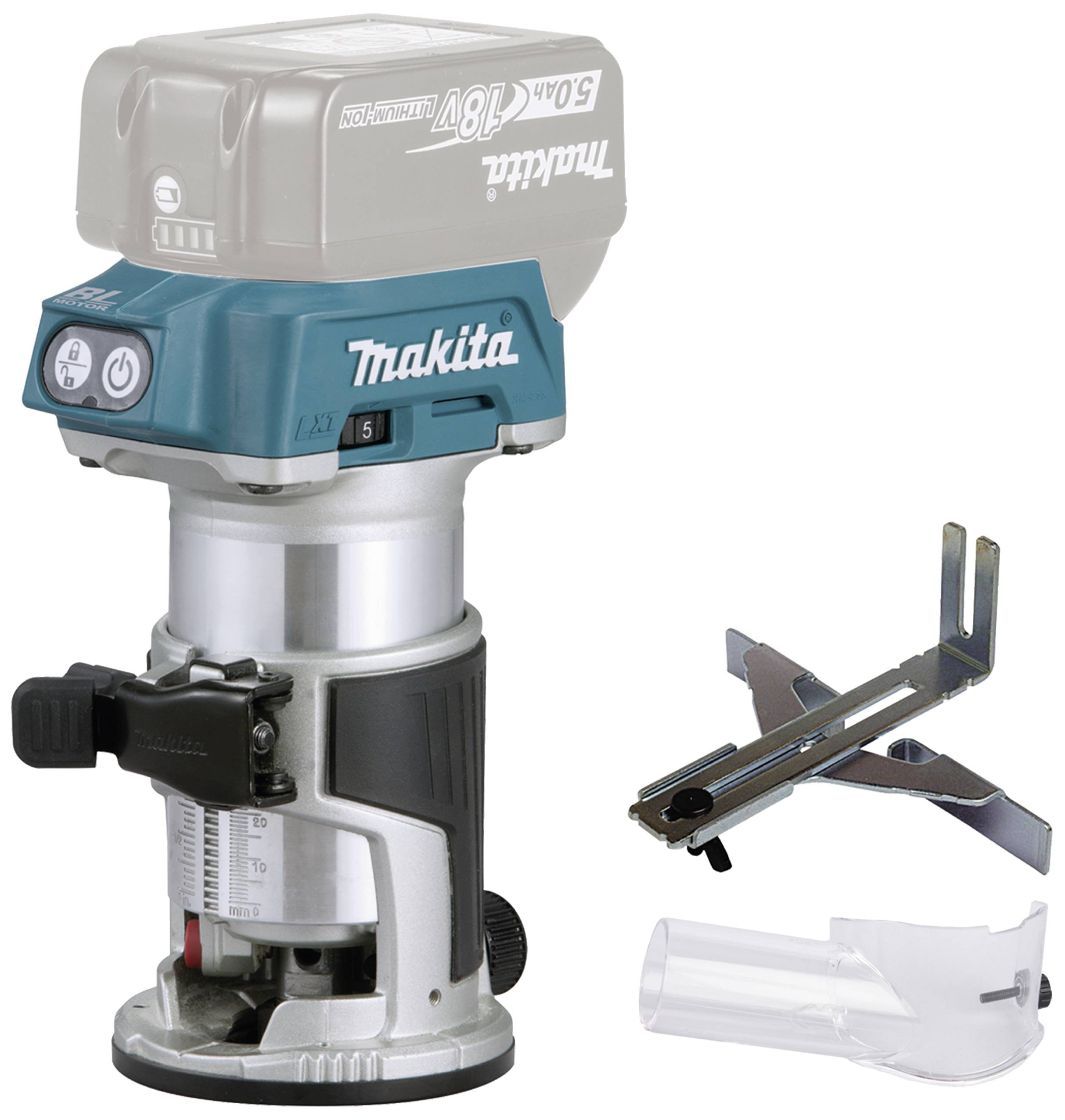 Affleureuse sans fil Makita avec raccord d'aspiration de poussière transparent et guide parallèle. 18V, numéro de modèle DRT50ZJX2.