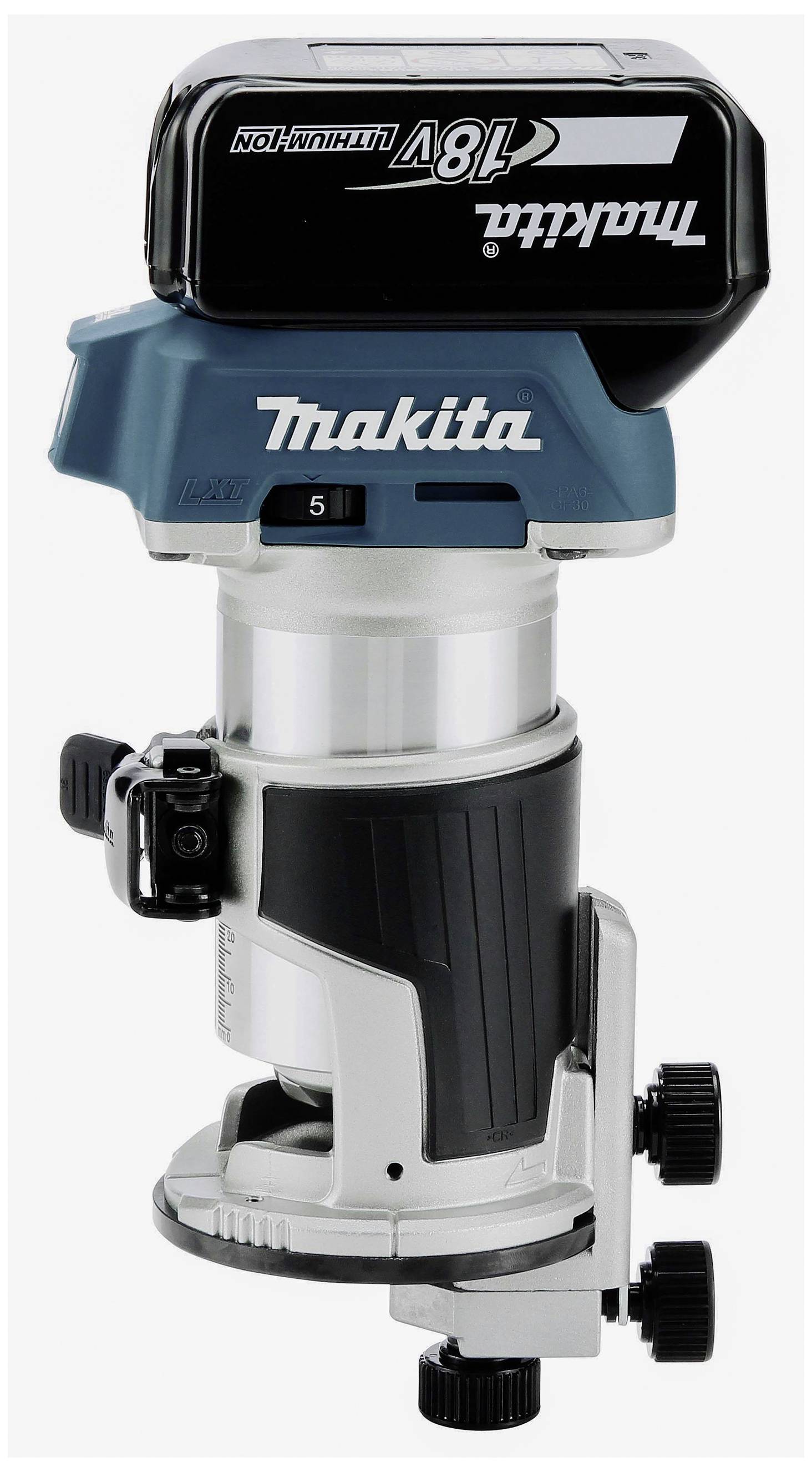 Un moteur de fraise Makita sans fil bleu de 18V à lithium-ion avec régulateur de vitesse et batterie sur le dessus, adapté pour l'usinage précis du bois.