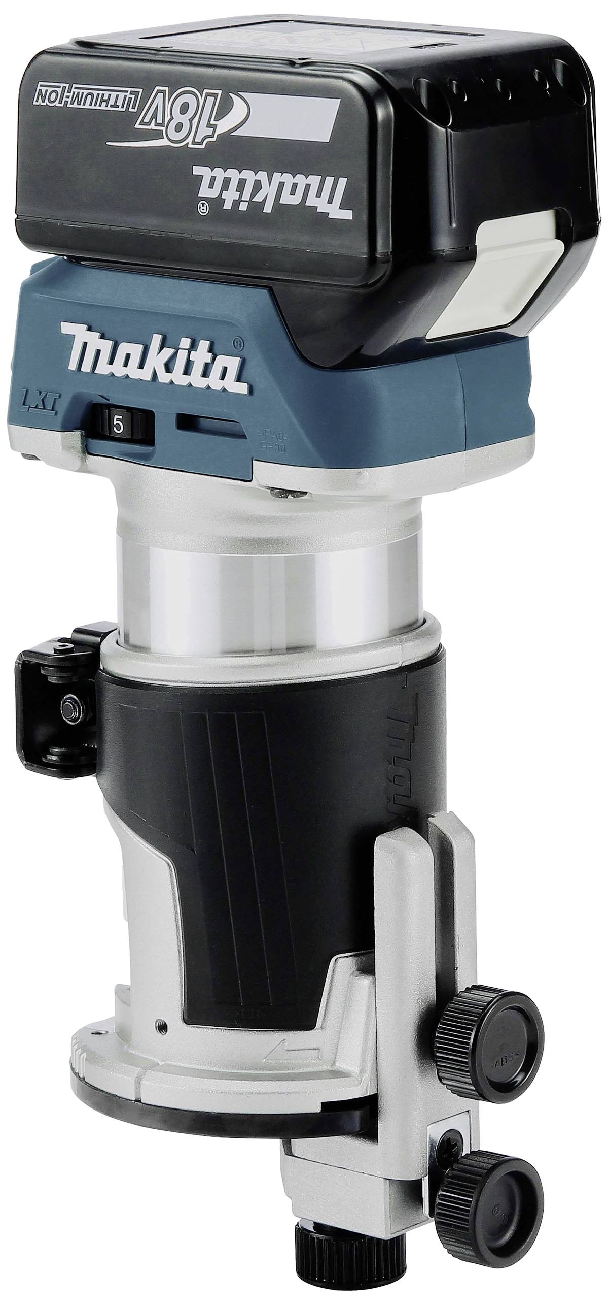 Défonceuse sans fil Makita, modèle 18V. Design compact sans fil avec une finition bleu et noir. Adapté pour le travail du bois.