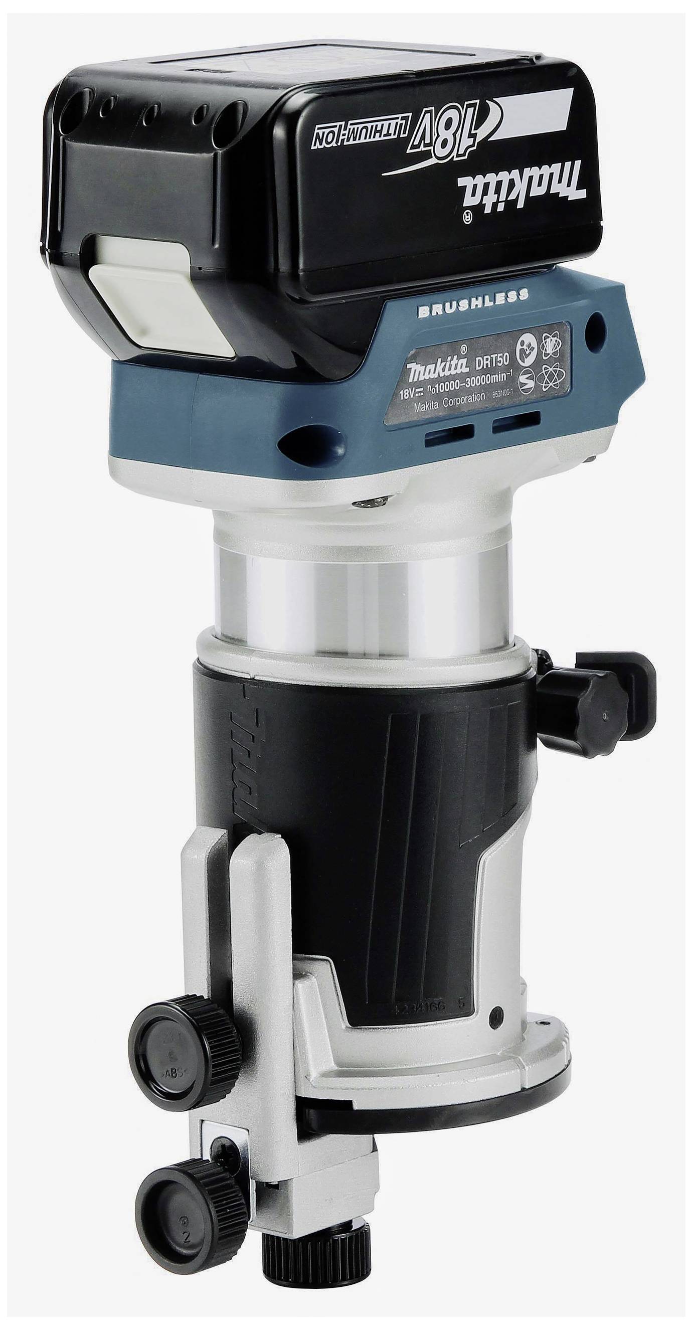 Défonceuse sans fil bleue à vitesse variable avec batterie supérieure. Principalement grise, noire et bleue.