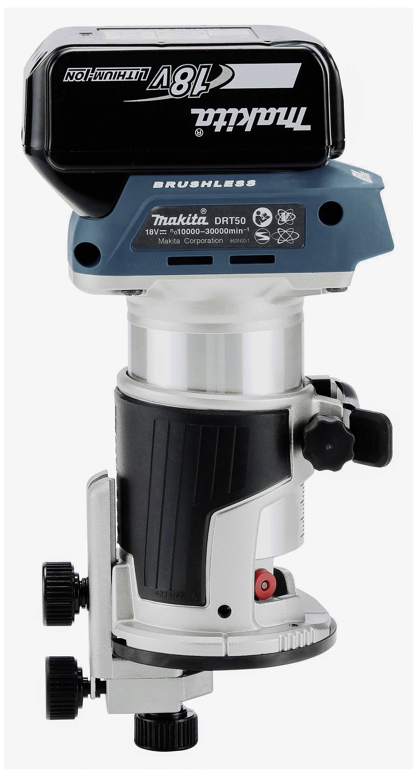 Affleureuse sans fil Makita avec batterie lithium-ion 18V et moteur brushless, modèle DRT50, en noir et bleu.