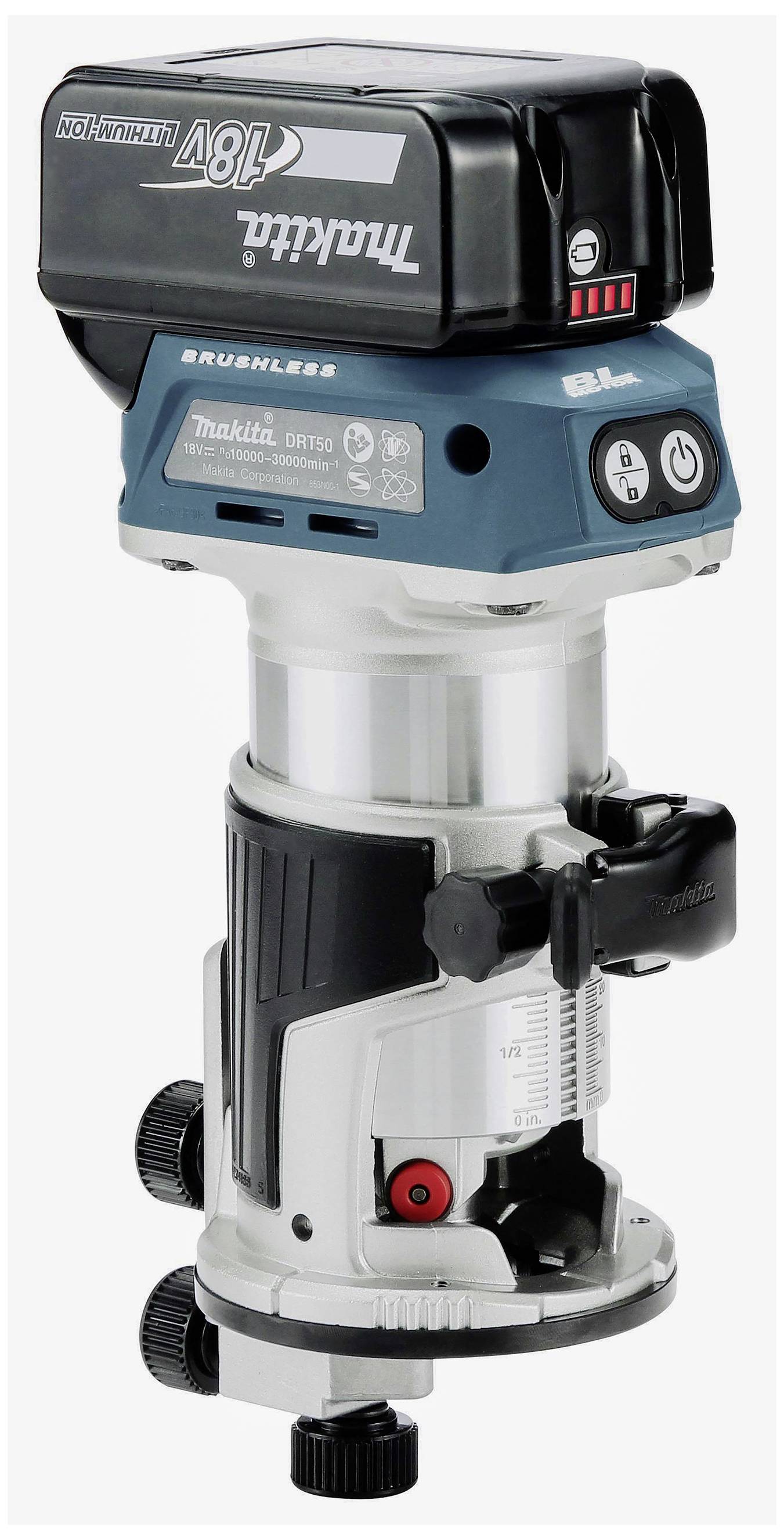 Défonceuse manuelle bleu-noir avec manche argenté, boutons et échelle. Alimentée par batterie, compacte et ergonomique.