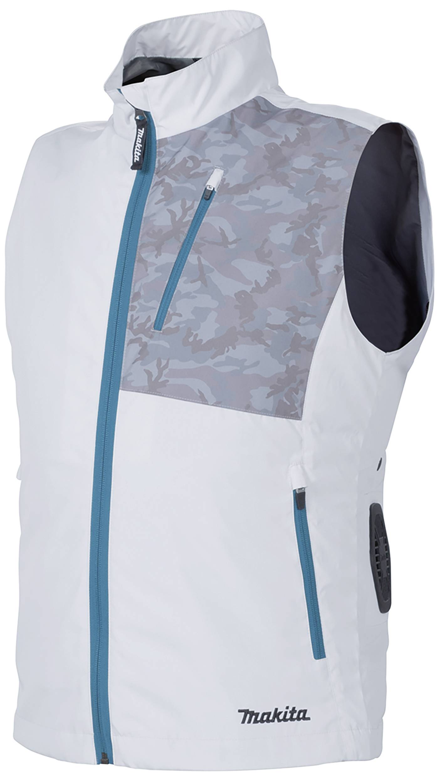 Gilet blanc sans manches avec un motif gris sur la poitrine, une fermeture éclair bleue et la marque 'Makita'. Une poche sur le côté droit.