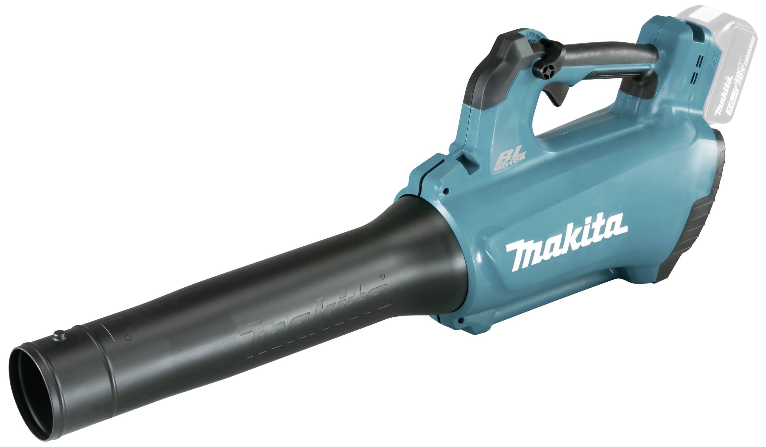 Un souffleur sans fil à feuilles dans un boîtier bleu avec un tube d'éjection noir et une poignée ergonomique, de la marque 'Makita'.
