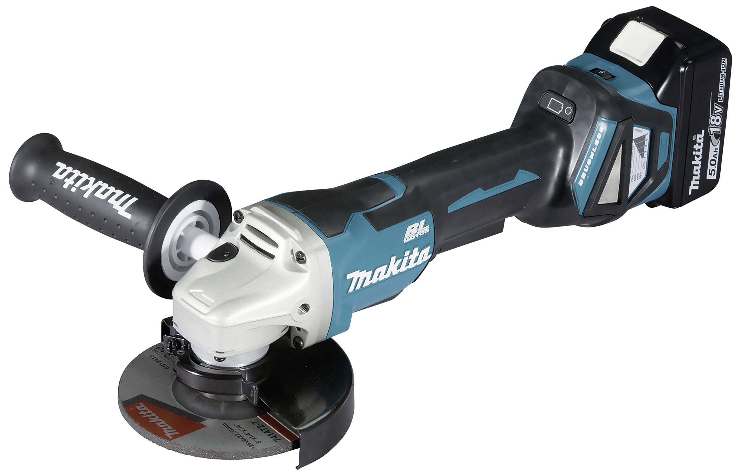 Meuleuse d'angle sans fil avec poignée latérale et disque, marque Makita. Adapté pour les travaux de coupe et de meulage.