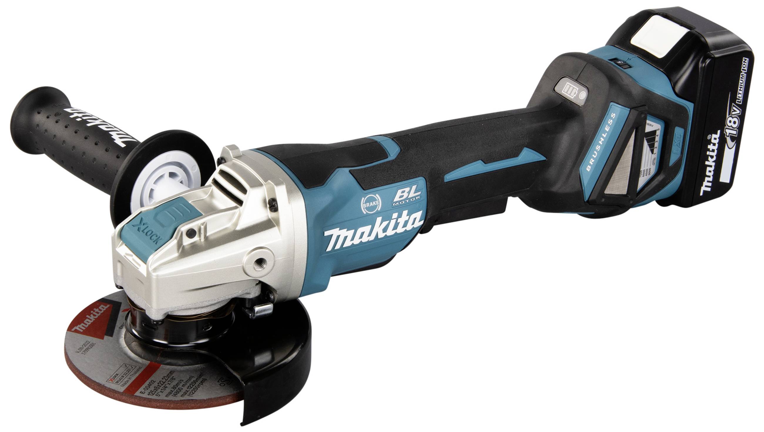 Meuleuse d'angle sans fil de marque Makita, avec poignée noire et boîtier bleu, adaptée aux travaux de meulage et de coupe.
