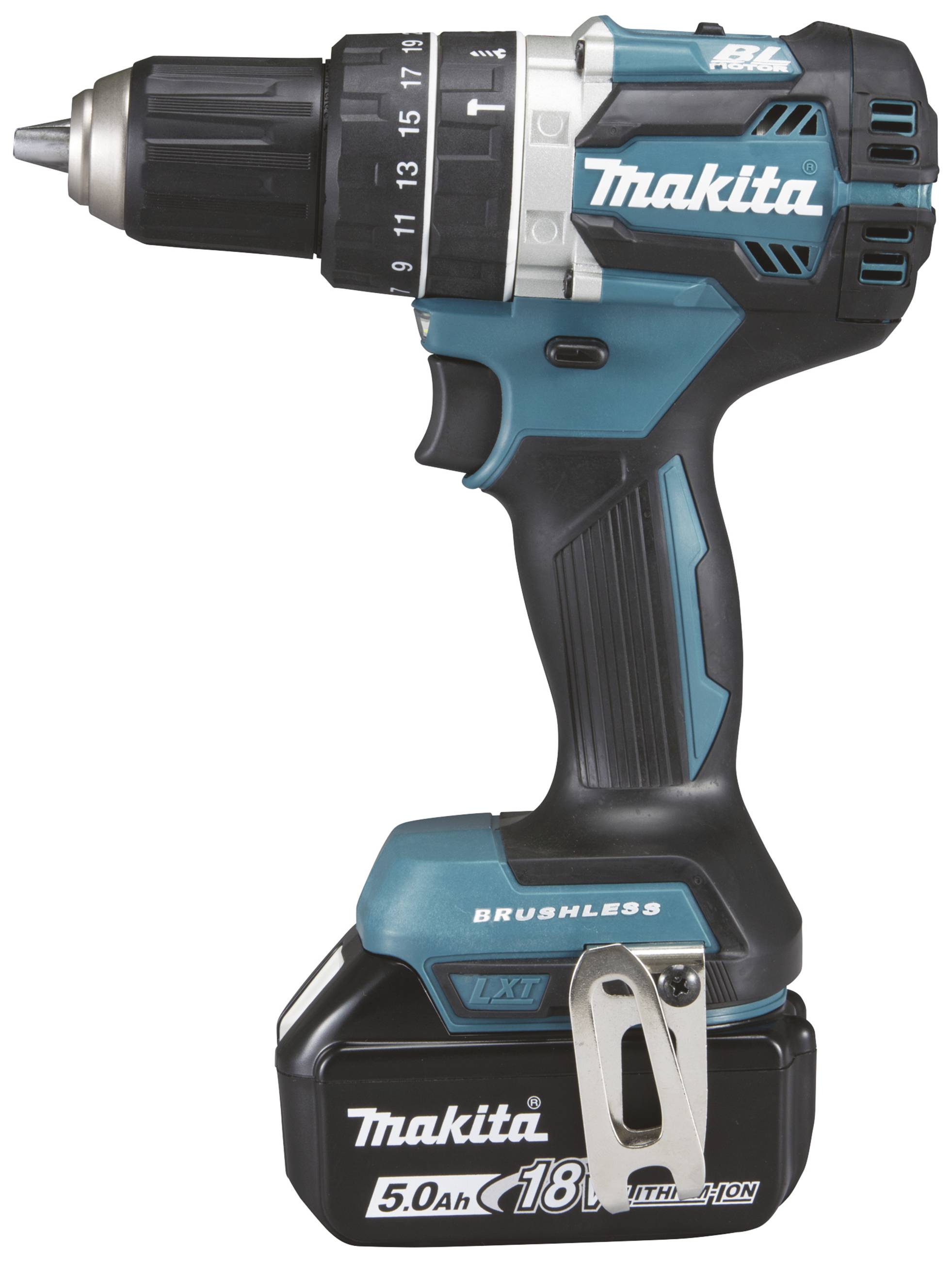 Un tournevis-perceuse rechargeable bleu-noir avec mandrin gris. Nom de marque visible, adapté aux travaux de bricolage et de construction.