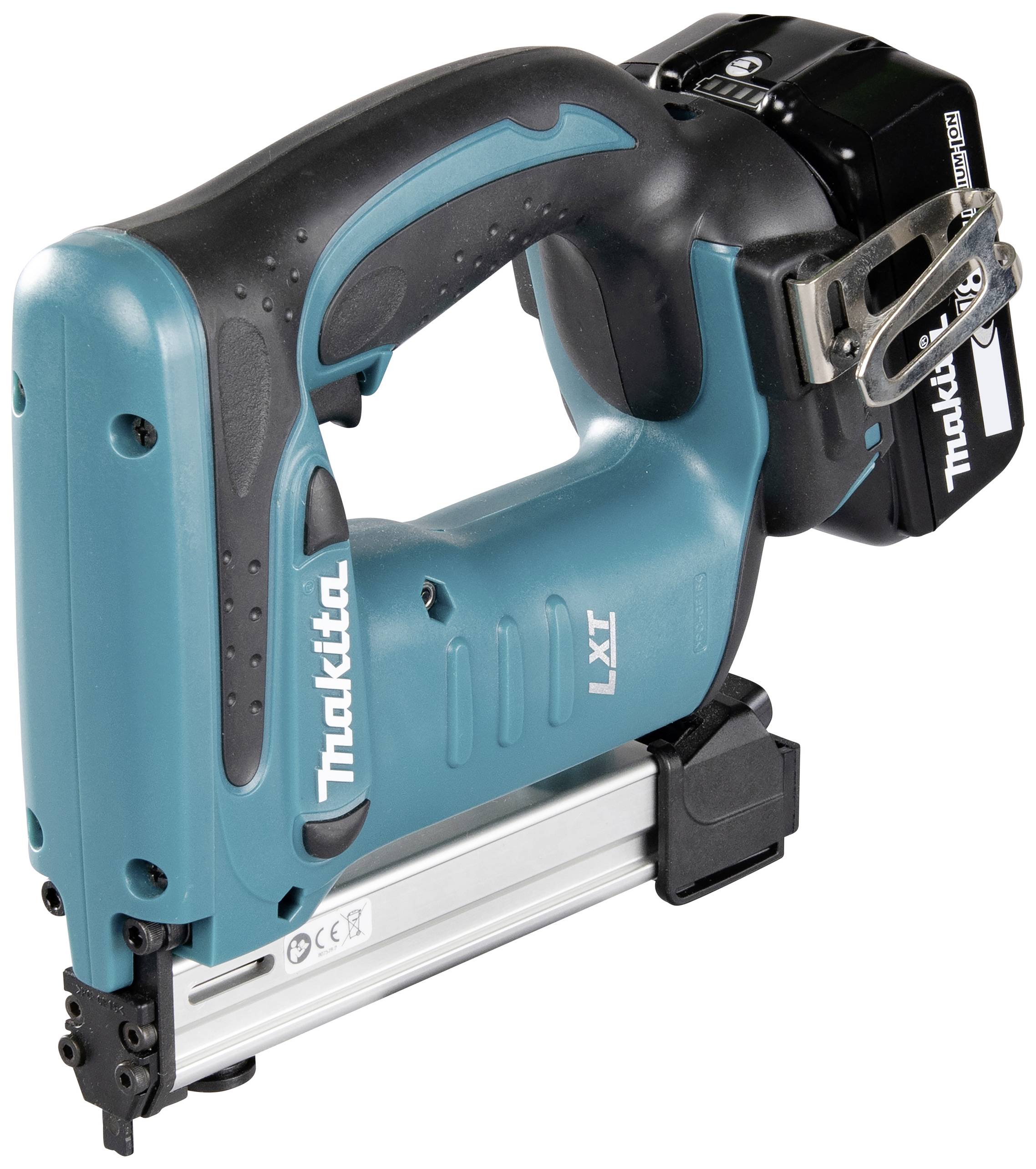 Cloueur électrique bleu-noir avec poignée ergonomique et batterie lithium-ion, adapté aux travaux de construction et de réparation.