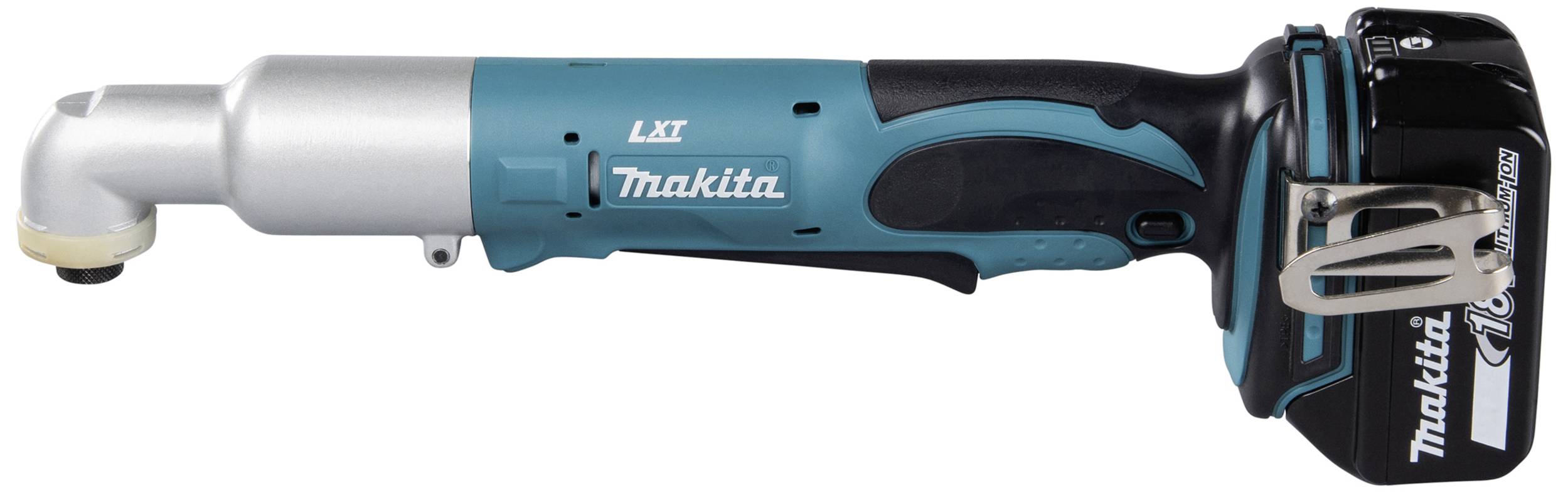 Un visseuse sans fil avec adaptateur angulaire de la marque Makita, modèle LXT, en bleu et noir, adapté aux endroits difficiles d'accès.