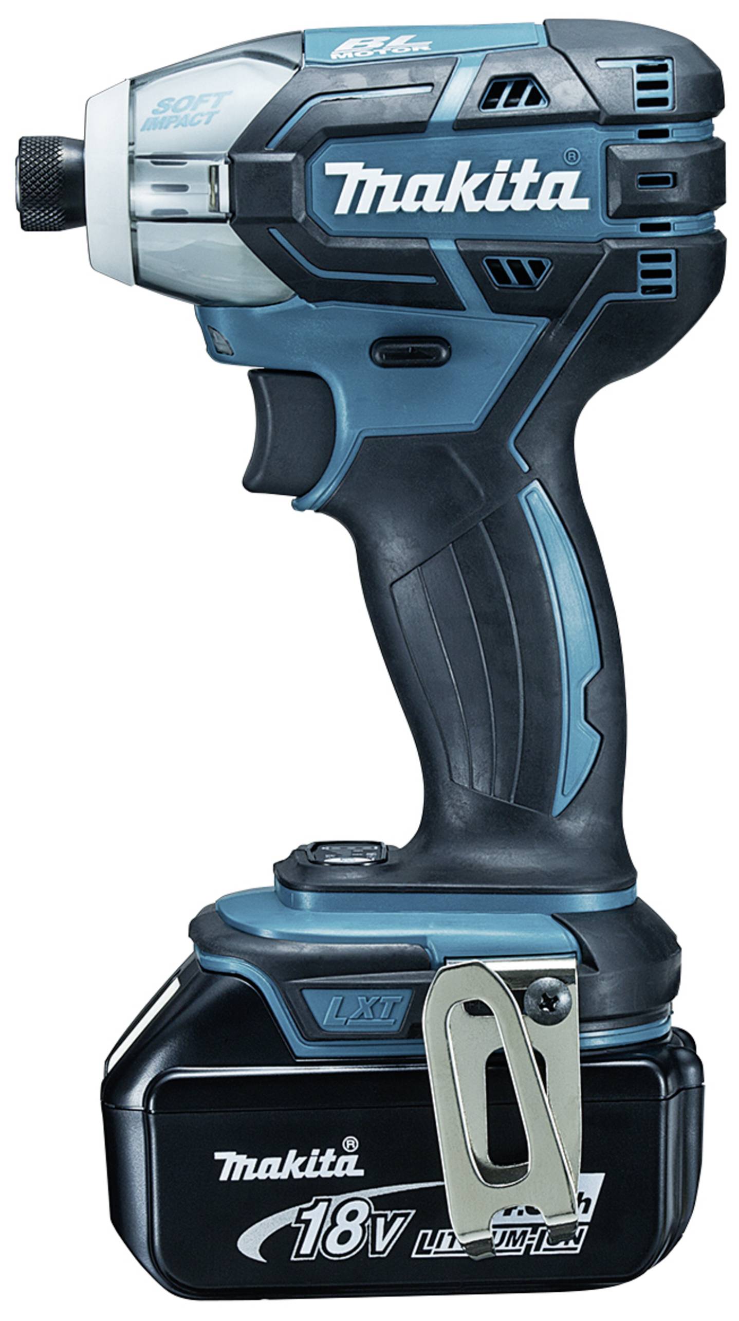 Un tournevis à chocs Makita 18V bleu avec poignée ergonomique et pince métallique. Adapté aux travaux de construction et de réparation.