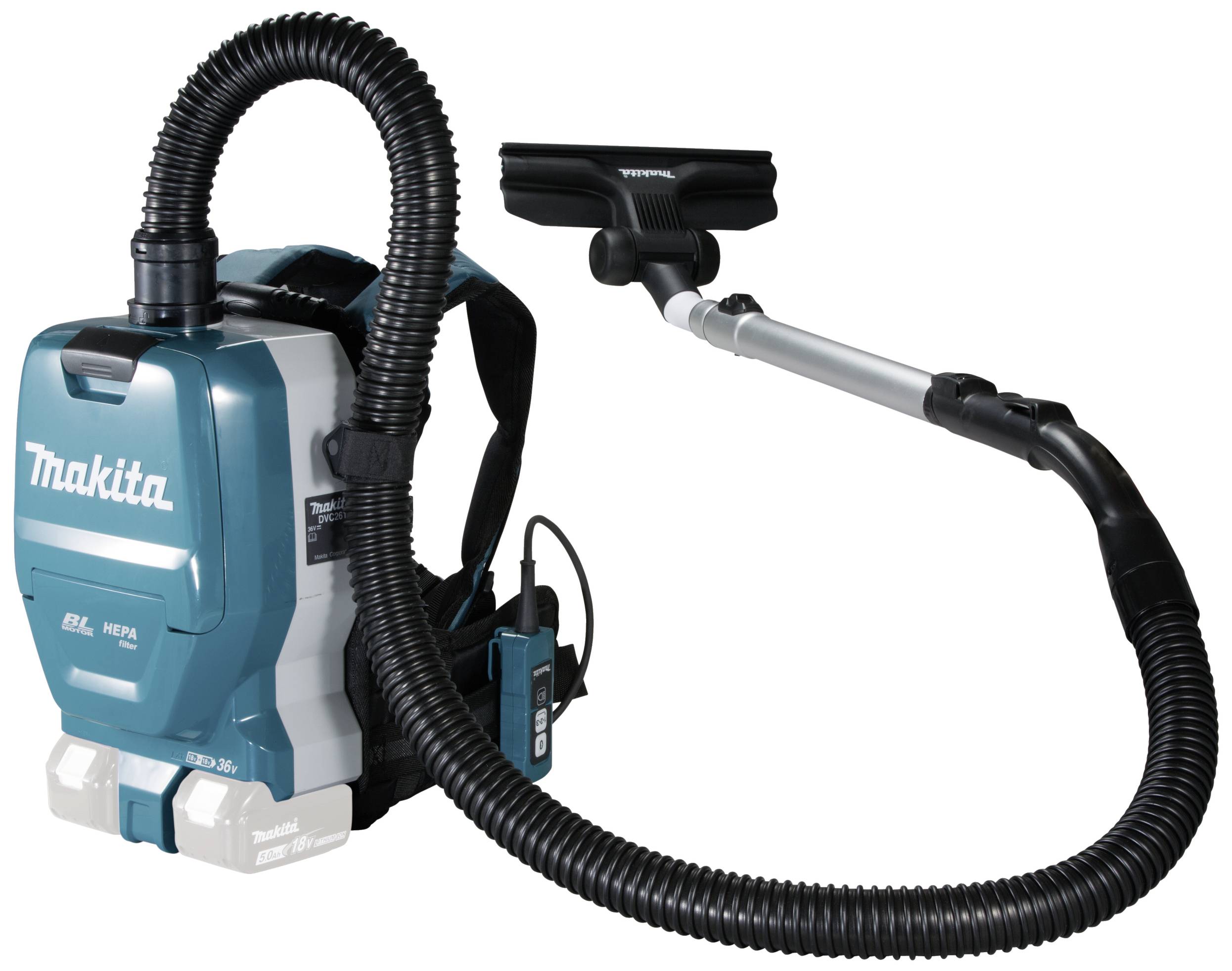 Un aspirateur à dos bleu avec un long tuyau et une brosse d'aspiration. Logo Makita visible. Fonctionnant sur batterie, pour un nettoyage flexible.