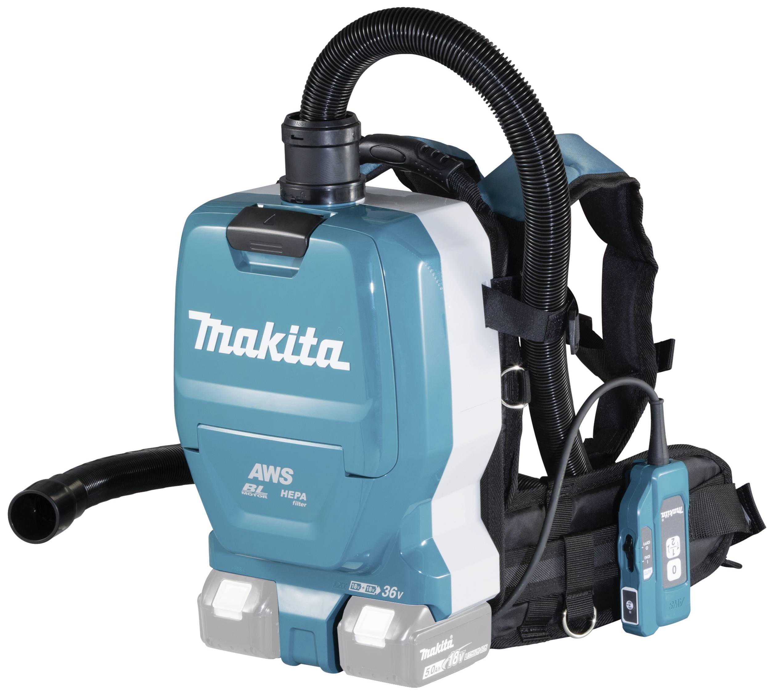 Aspirateur-sac à dos en bleu et blanc avec logo 'Makita', équipé du système AWS et d'un filtre HEPA, adapté au nettoyage mobile.