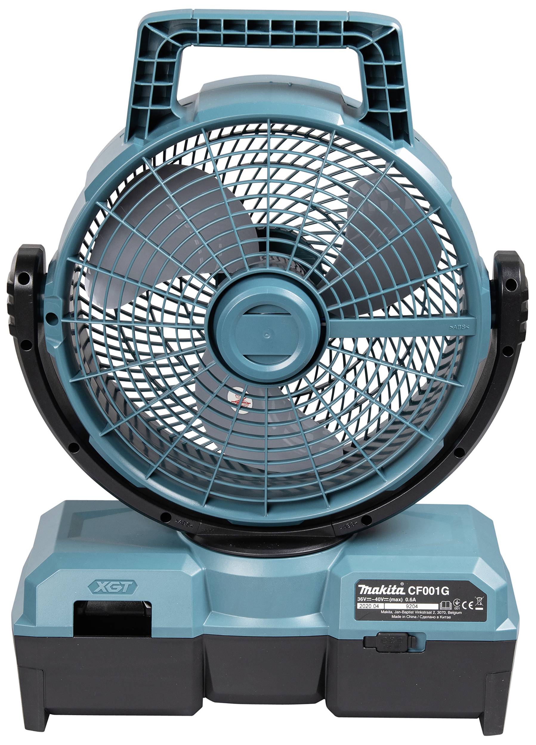 Un ventilateur portable à pile de couleur bleue, avec le nom de la marque sur l'avant et une poignée pour un transport facile.