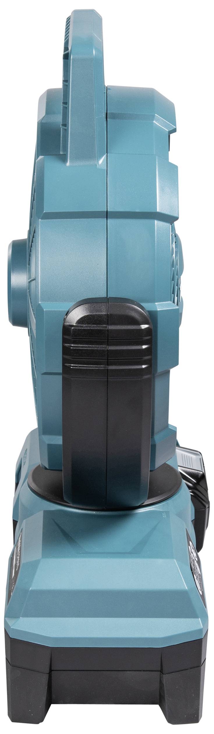 Un outil électrique bleu tenu à la main, vu de côté, montrant une grande poignée et un boîtier robuste.