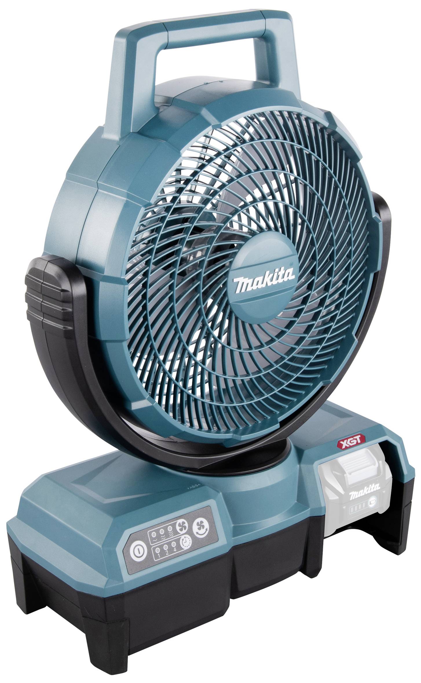 Ventilateur portable bleu avec poignée, reposant sur un socle alimenté par batterie. La marque 'Makita' est visible au centre du ventilateur.