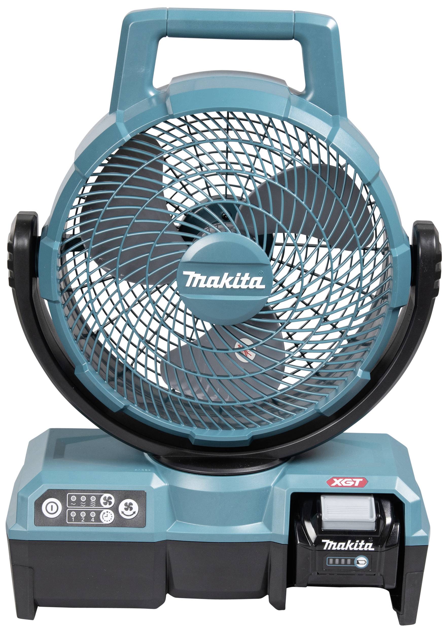 Ventilateur portable sans fil de la marque Makita en turquoise avec socle noir et compartiment pour batterie, adapté aux chantiers.