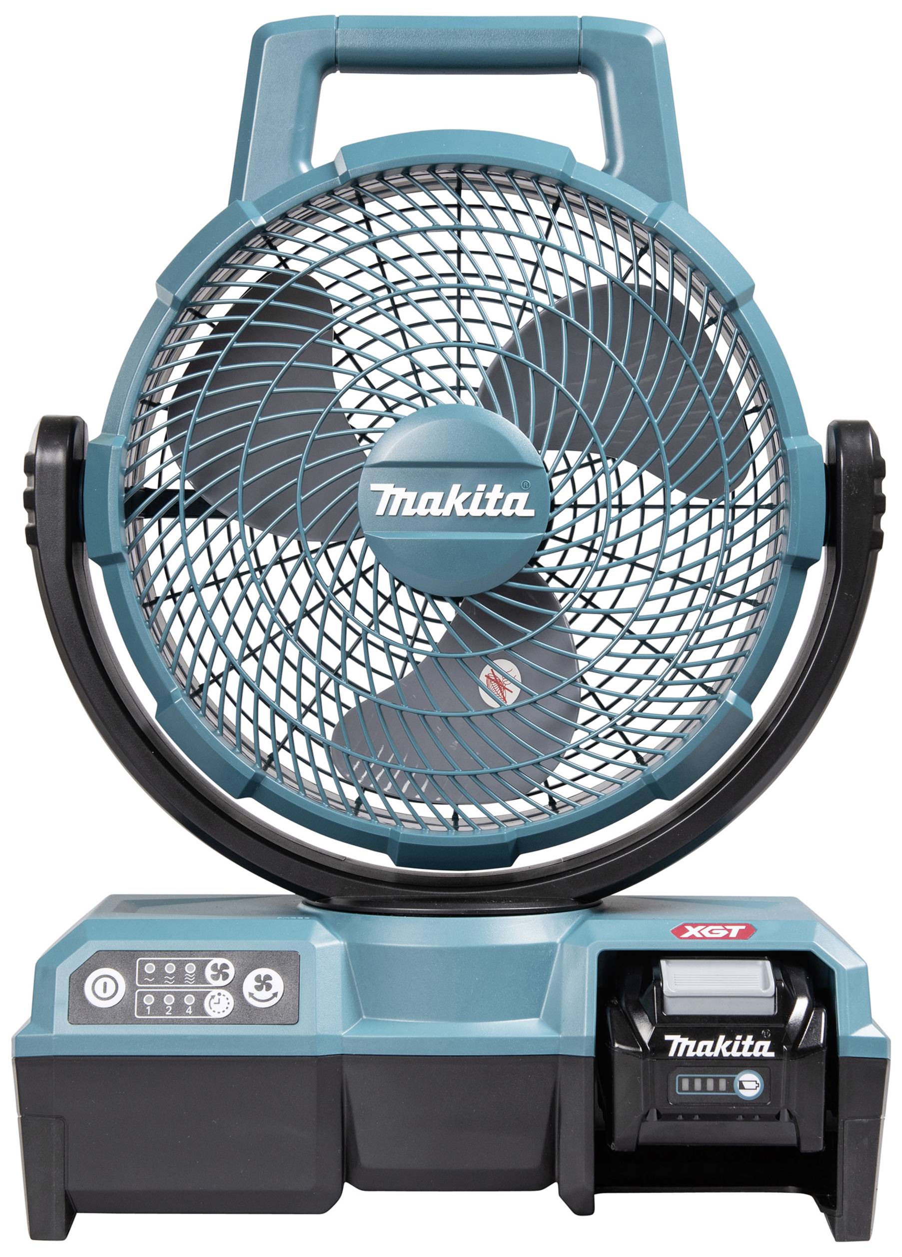 Un ventilateur Makita à batterie bleu avec pied stabilisateur et poignée de transport, fonctionnant avec une batterie XGT, adapté aux applications mobiles.