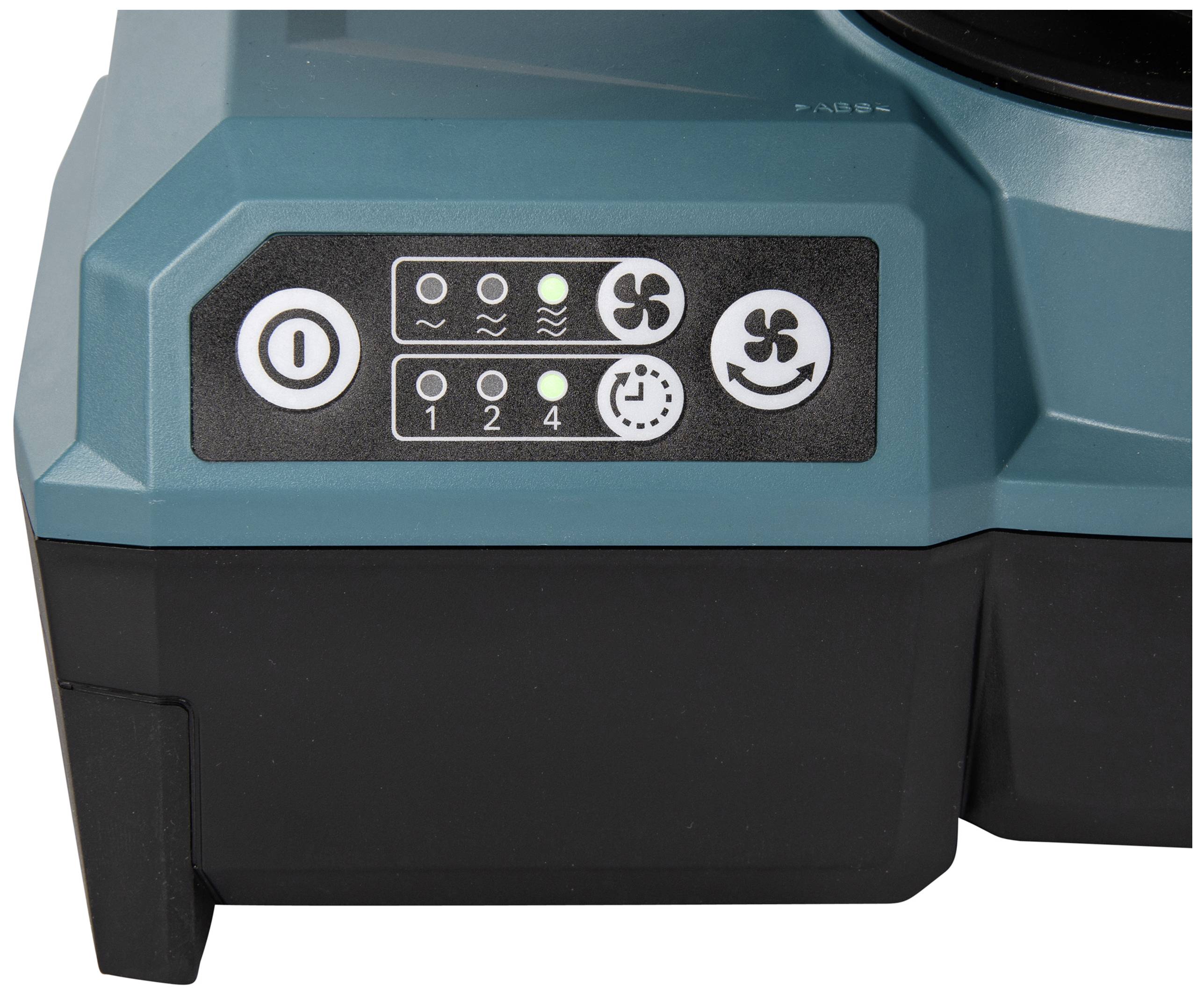 Un système de commande avec cinq boutons : un interrupteur Marche/Arrêt, trois symboles d'ondes avec des voyants lumineux, un symbole de minuterie et des symboles de ventilateur.