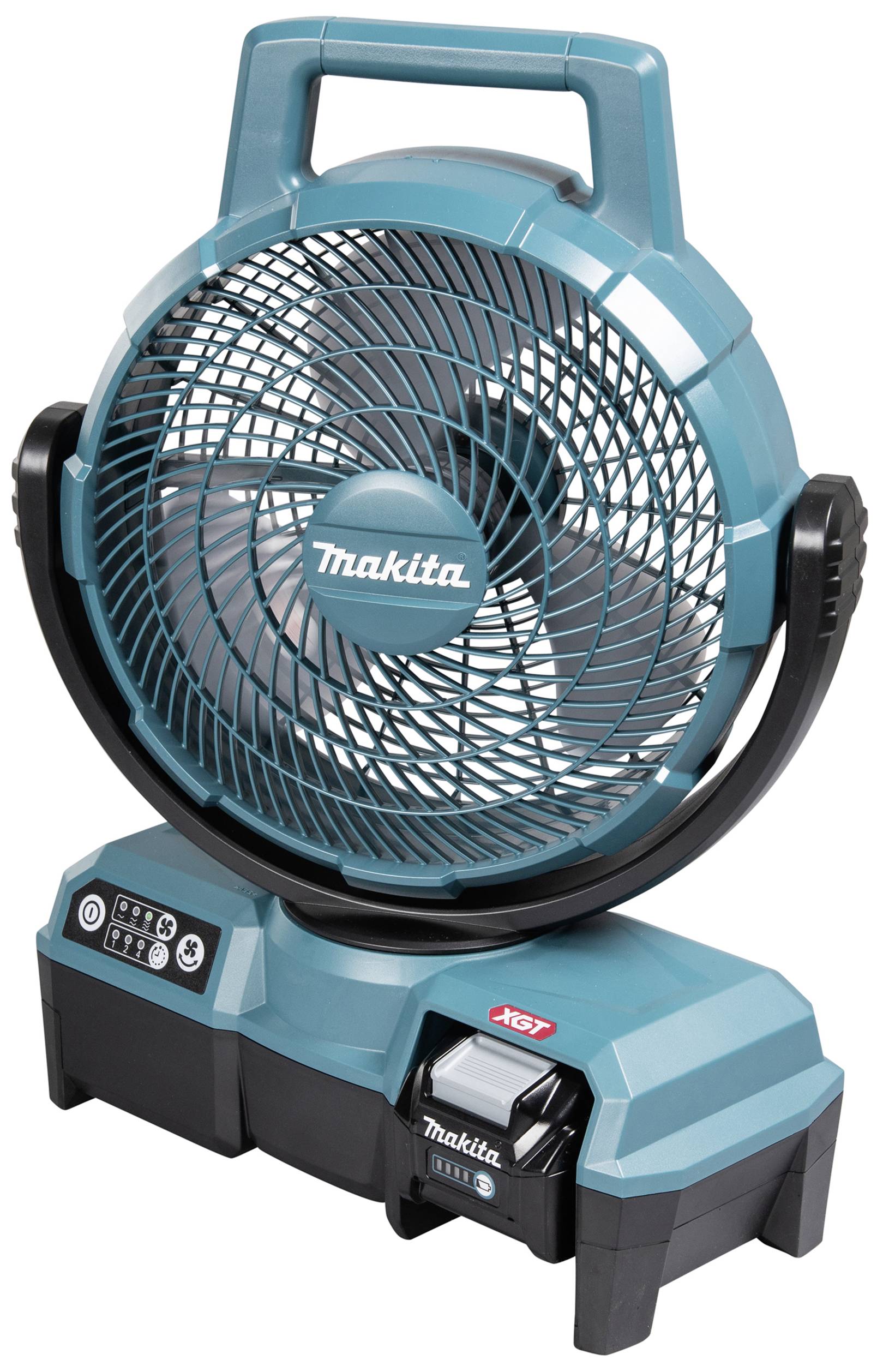 Ventilateur portable à batterie en bleu avec logo Makita, posé sur sa station de charge. Les pales du ventilateur sont protégées par une grille de sécurité.