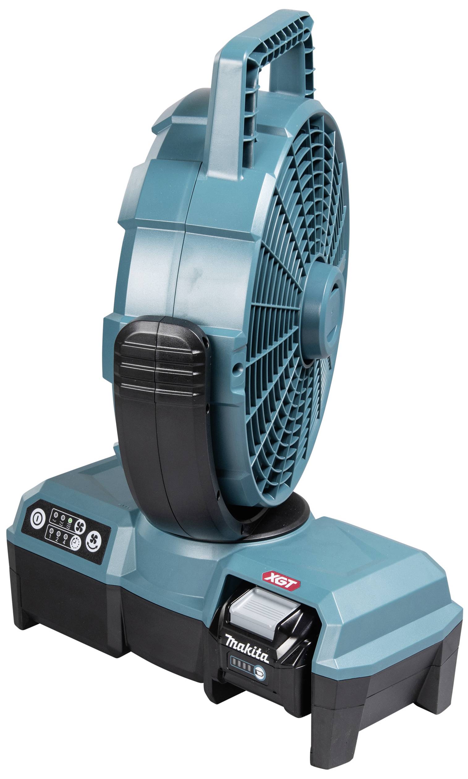 Un ventilateur portable bleu avec le logo Makita, monté sur un boîtier avec un compartiment de batterie et des boutons de commande, est posé verticalement.