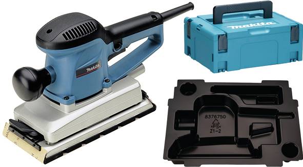 Meuleuse avec poignée et boîte de rangement bleue, avec insert en plastique pour les outils. Idéal pour les travaux de ponçage.