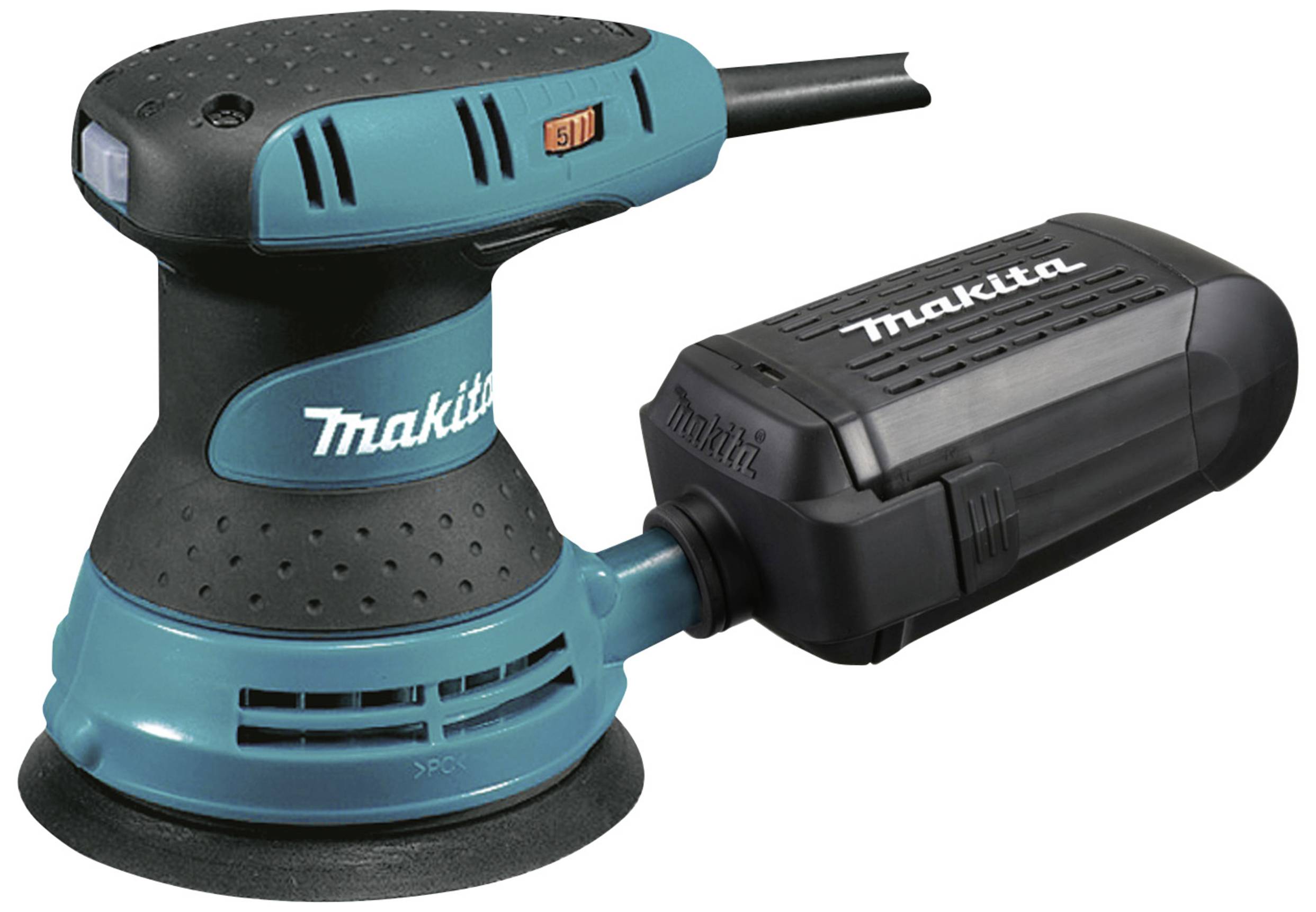 Un ponceuse excentrique compacte bleue à batterie de Makita, équipée d'un pack batterie rectangulaire, adaptée aux travaux de ponçage.