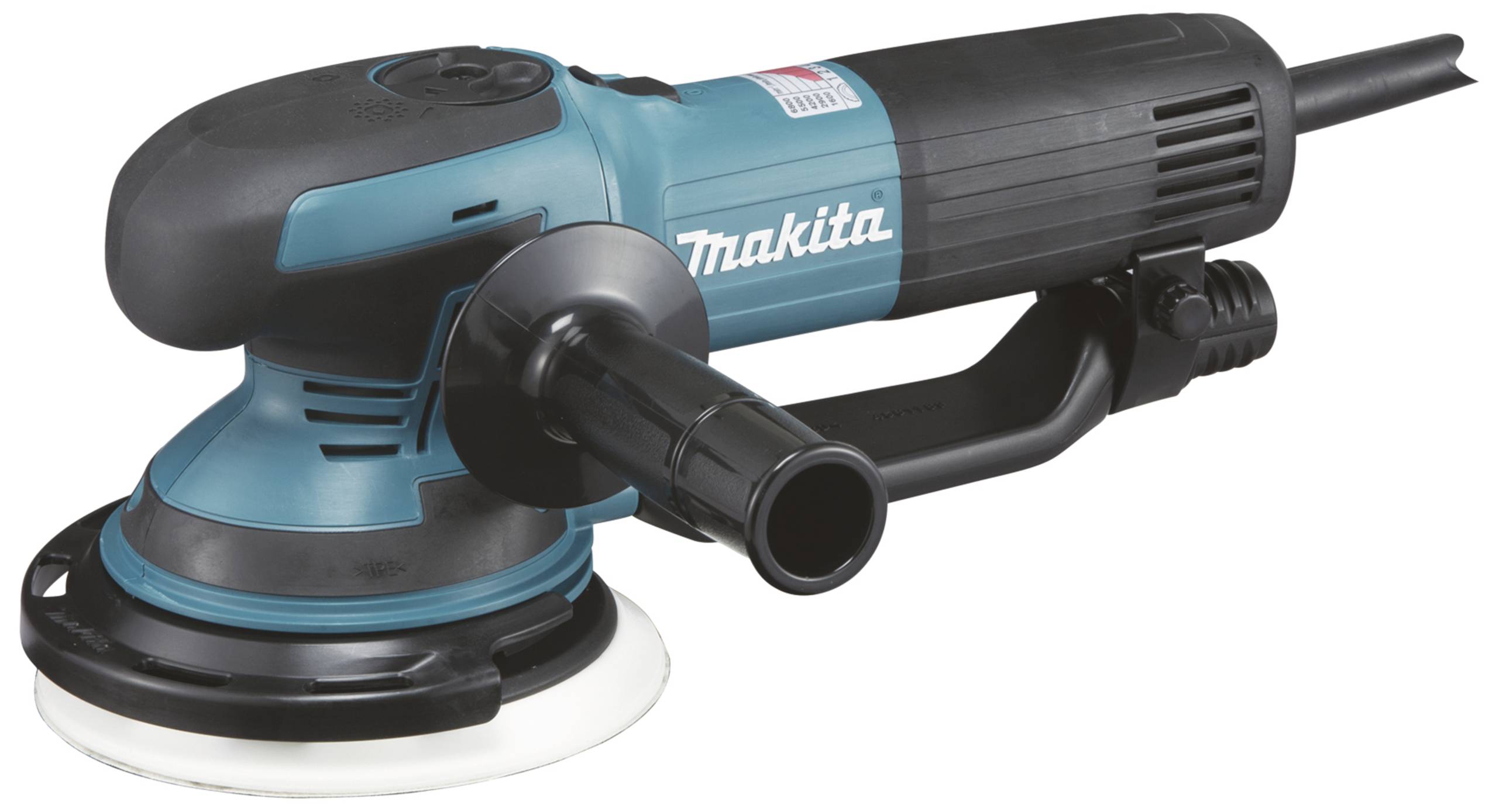 Un ponceuse excentrique électrique avec un boîtier bleu et une poignée noire. Idéal pour le traitement de surfaces lisses.