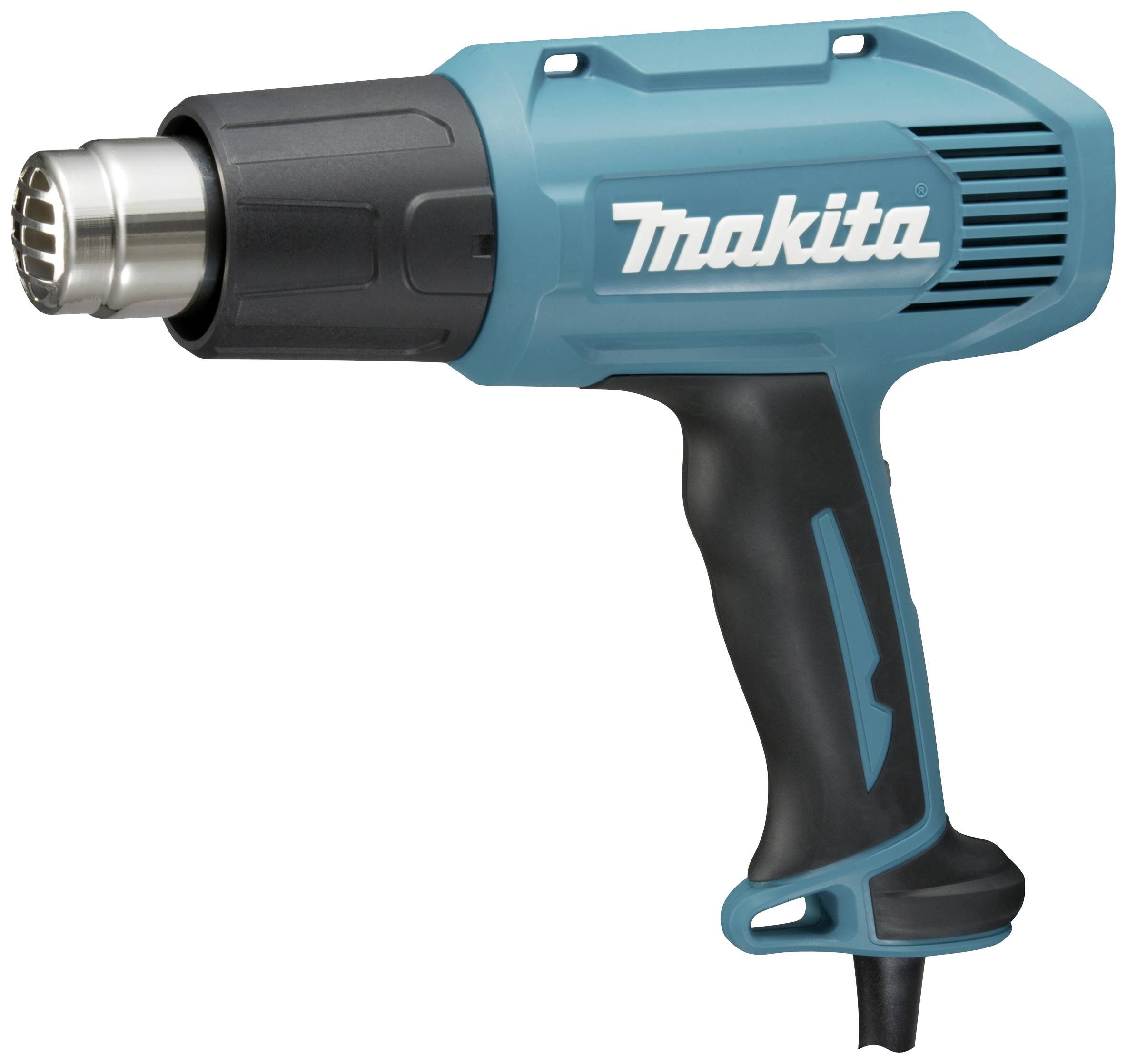Pistolet à air chaud en turquoise et noir avec le logo 'Makita' sur le côté. Utilisé pour chauffer des matériaux tels que le plastique ou les peintures.