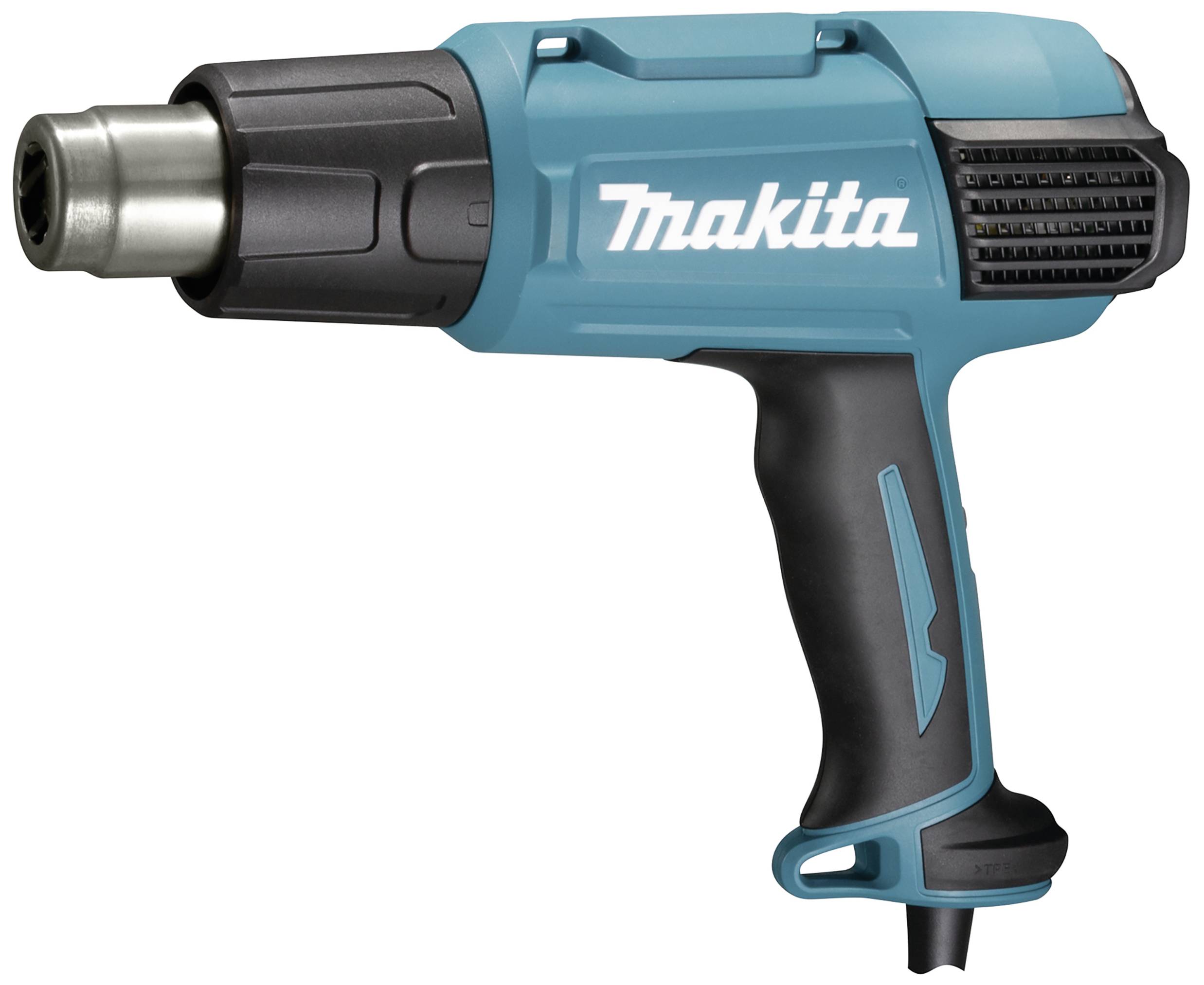 Un sèche-cheveux thermique noir et bleu avec poignée et sortie de buse ; modèle d'un fabricant réputé ; adapté aux travaux de bricolage.