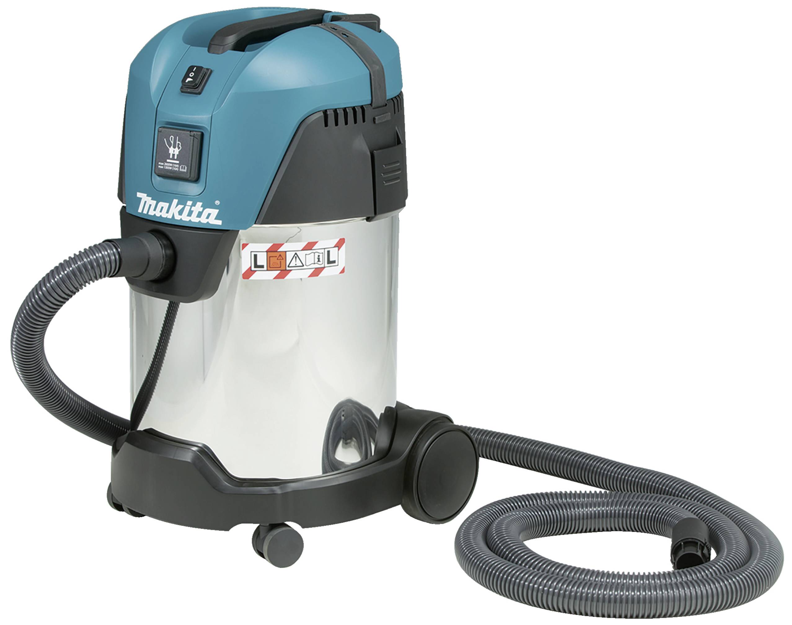 'Aspirateur industriel avec boîtier en plastique bleu et réservoir en métal argenté. Équipé d'un tuyau, de poignées et de roues.'