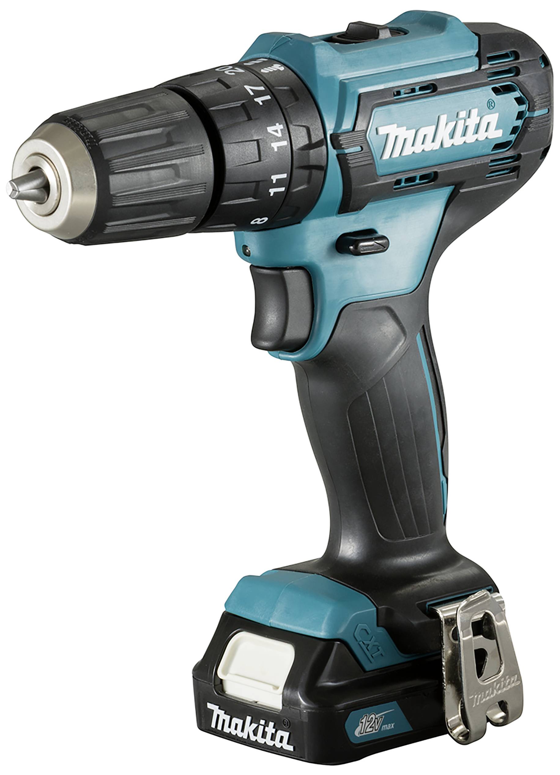 Un perceuse sans fil à batterie en bleu et noir avec logo de marque en turquoise. Adapté aux travaux de bricolage.
