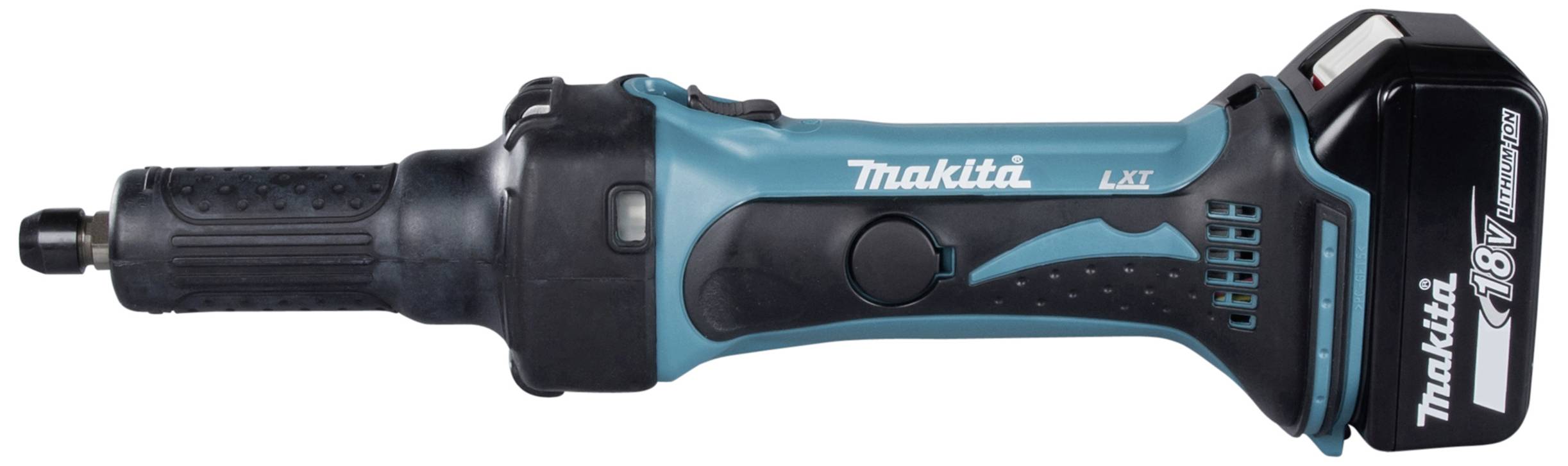 Cisaille à tôle sans fil Makita, modèle LXT, présentée de côté avec un design en bleu et noir.