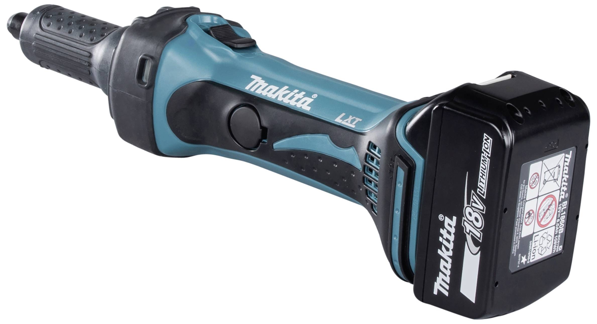 Un tournevis sans fil Makita 18V en bleu et noir avec une batterie amovible et des commandes sur le côté.