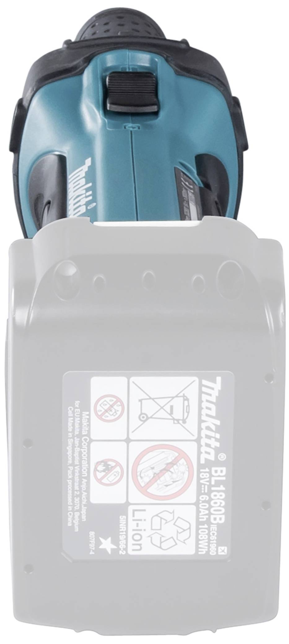 Perceuse sans fil avec boîtier bleu, gros plan sur la zone de la batterie.