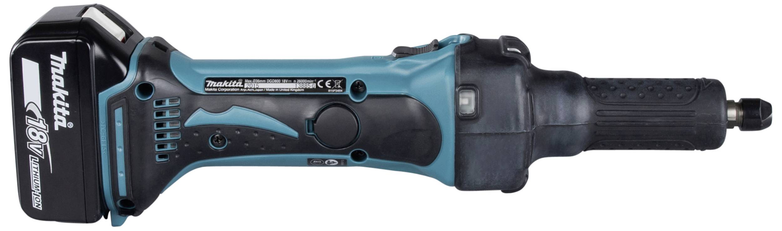 Meuleuse droite sans fil en turquoise et noir avec batterie 18V. Adaptée pour le meulage et le polissage précis.