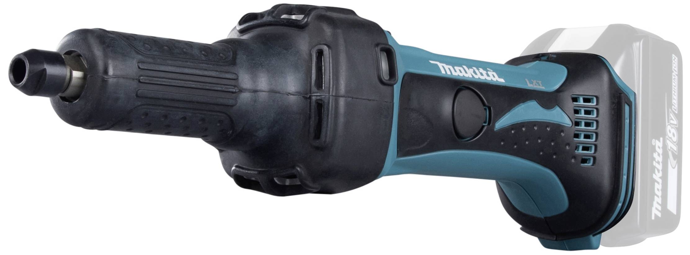 Meuleuse droite sans fil en noir et bleu. Elle dispose d'une poignée compacte et est conçue pour un ponçage précis.