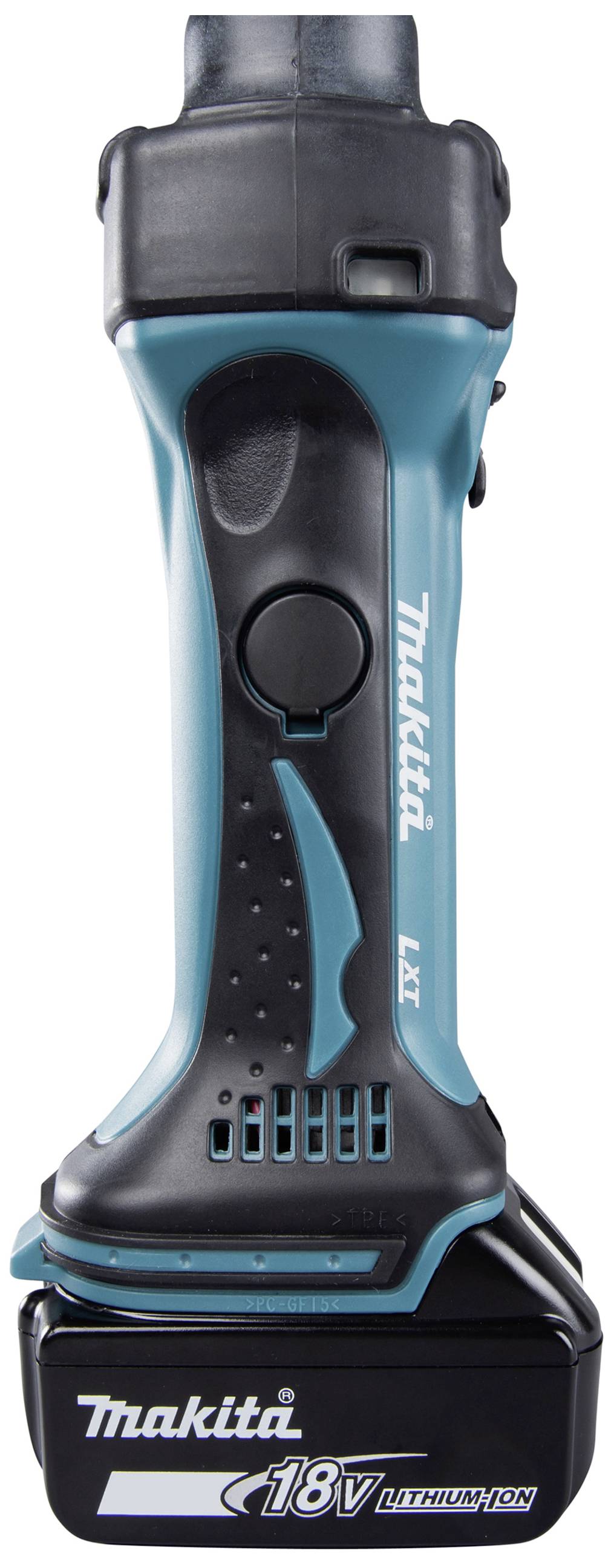Un tournevis-perceuse sans fil Makita avec batterie lithium-ion 18V, de couleur bleu et noir, posé sur le côté.
