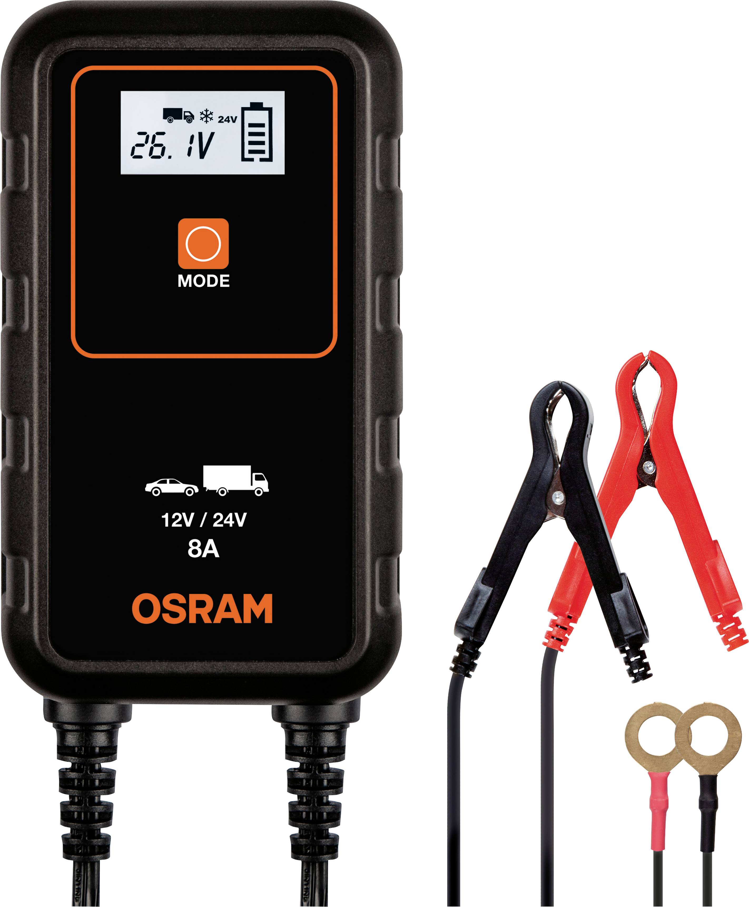 Chargeur de batterie avec affichage LCD indiquant la tension '26,1V', adapté aux véhicules 12V et 24V, comprenant des pinces rouge et noire.