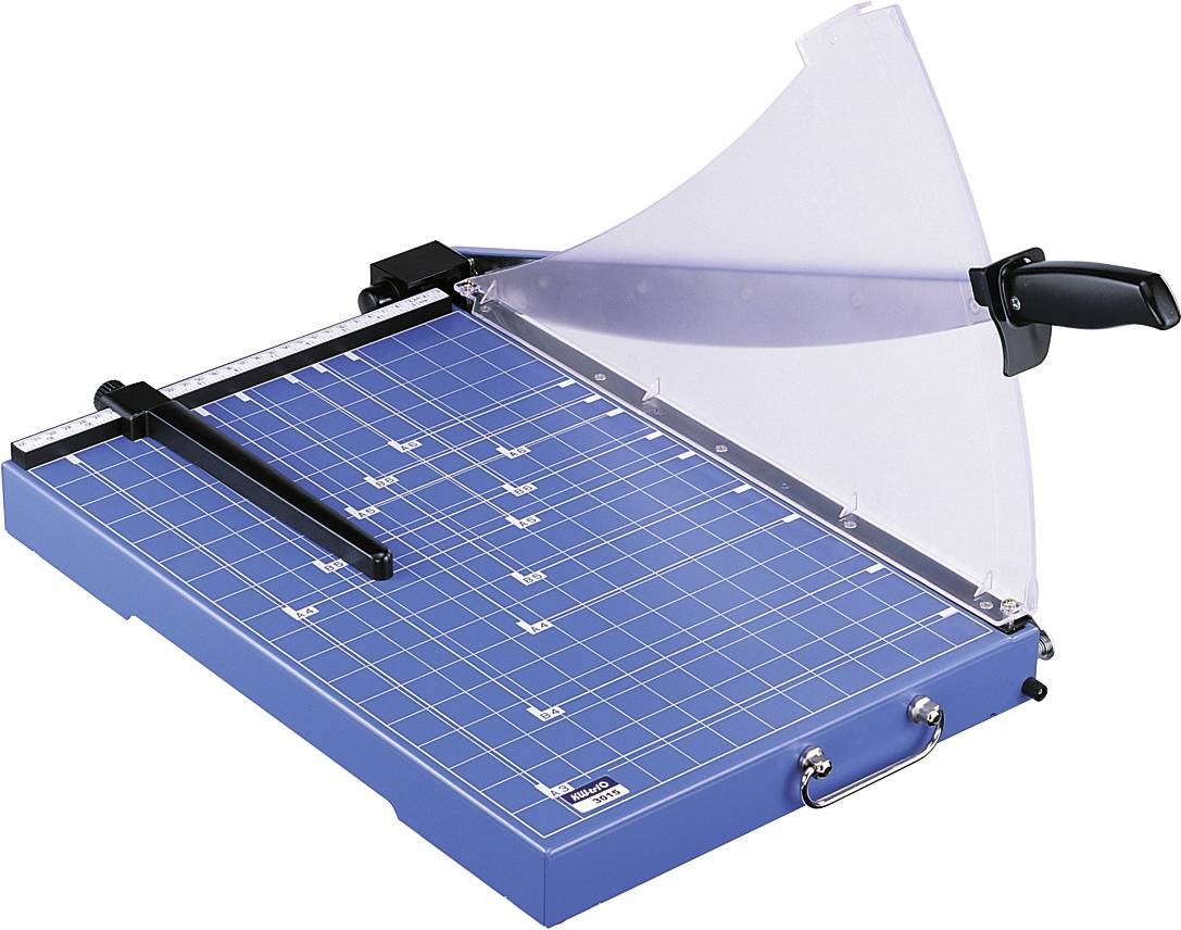 Massicot avec surface bleue et capot de sécurité transparent, idéal pour couper du papier avec précision.