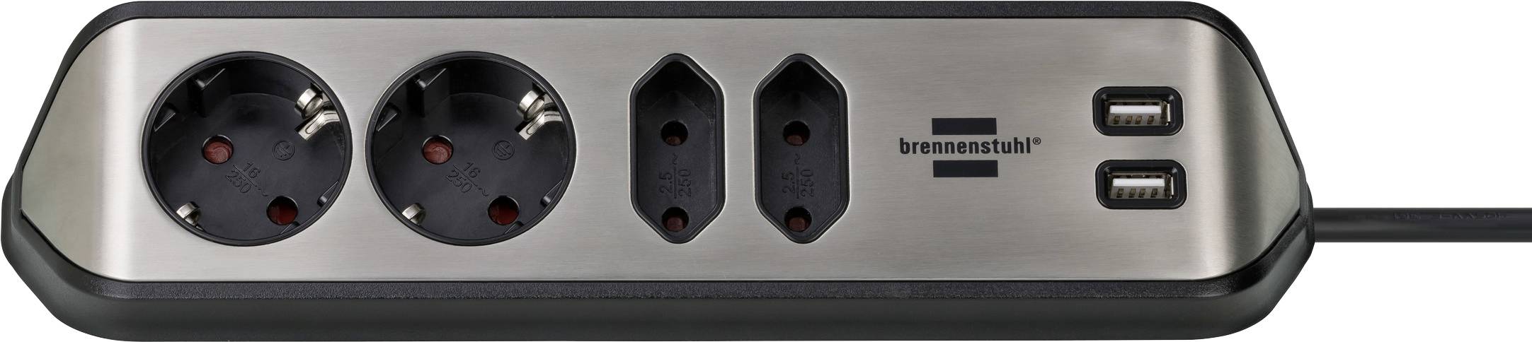 Multiprise multi-prises avec deux prises Schuko, deux ports USB et un cordon d'alimentation noir sur un boîtier argent et noir.